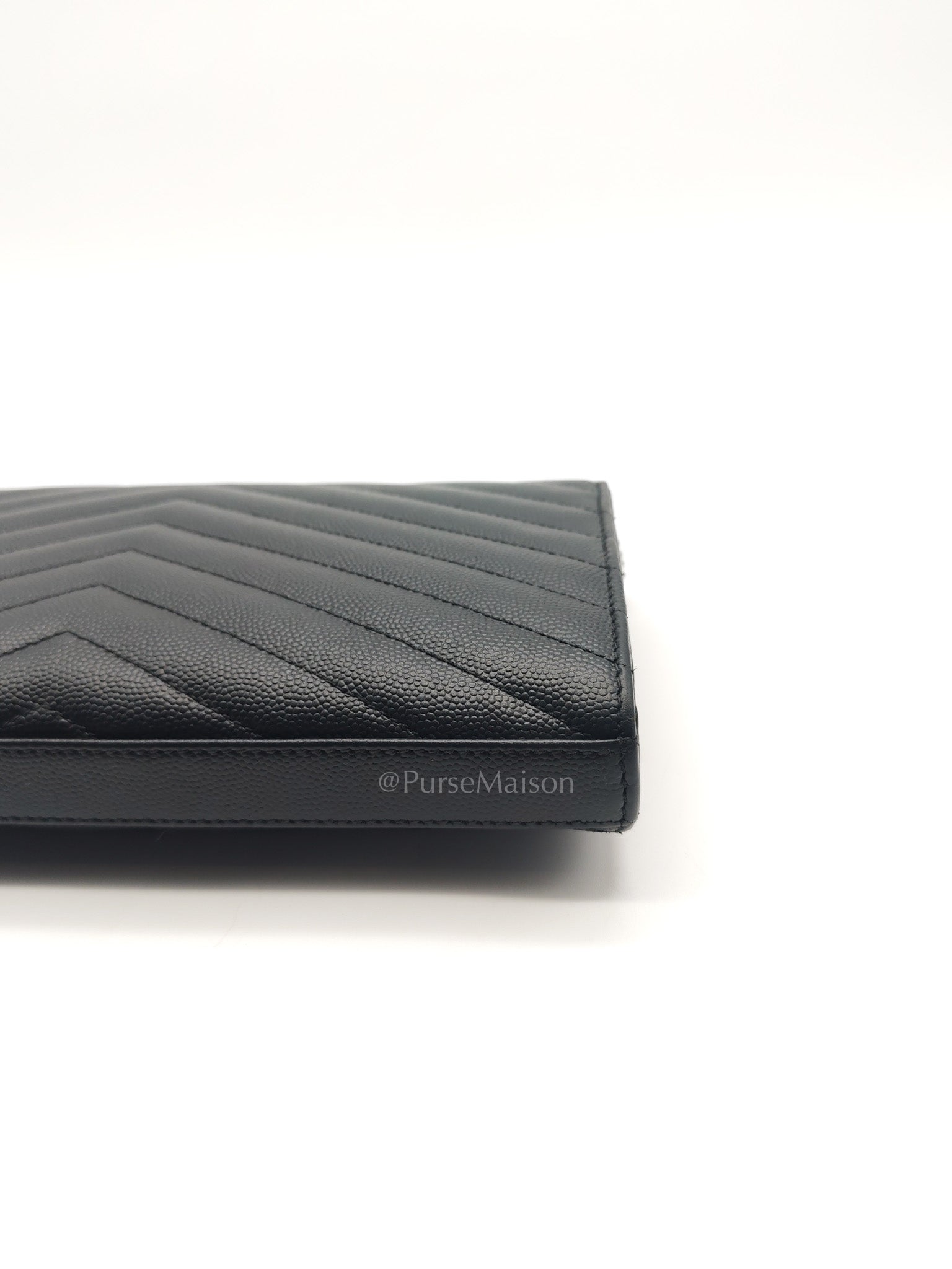 Yves Saint Laurent Cassandre Wallet on Chain in Black Chevron Quilted Grained de Poudre Leather & Silver Hardware | Purse Maison Luxury Bags Shop