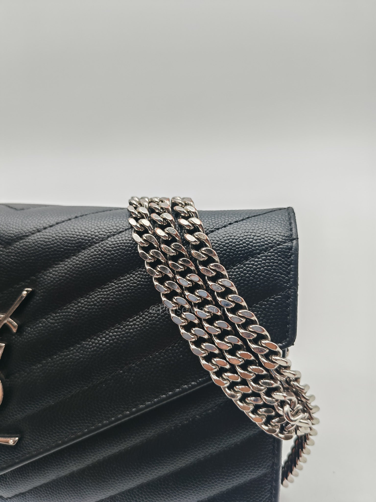 Yves Saint Laurent Cassandre Wallet on Chain in Black Chevron Quilted Grained de Poudre Leather & Silver Hardware | Purse Maison Luxury Bags Shop
