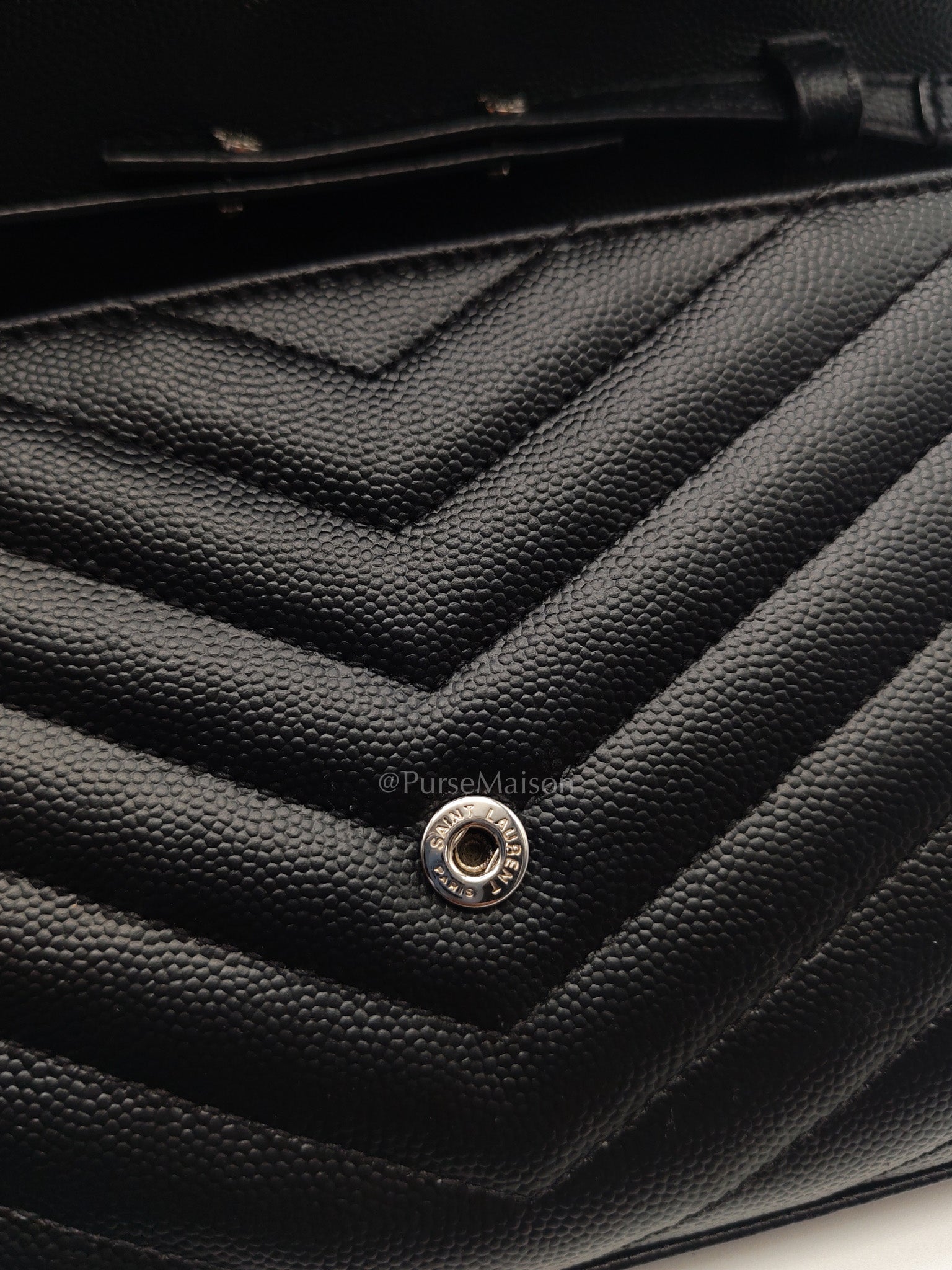 Yves Saint Laurent Cassandre Wallet on Chain in Black Chevron Quilted Grained de Poudre Leather & Silver Hardware | Purse Maison Luxury Bags Shop