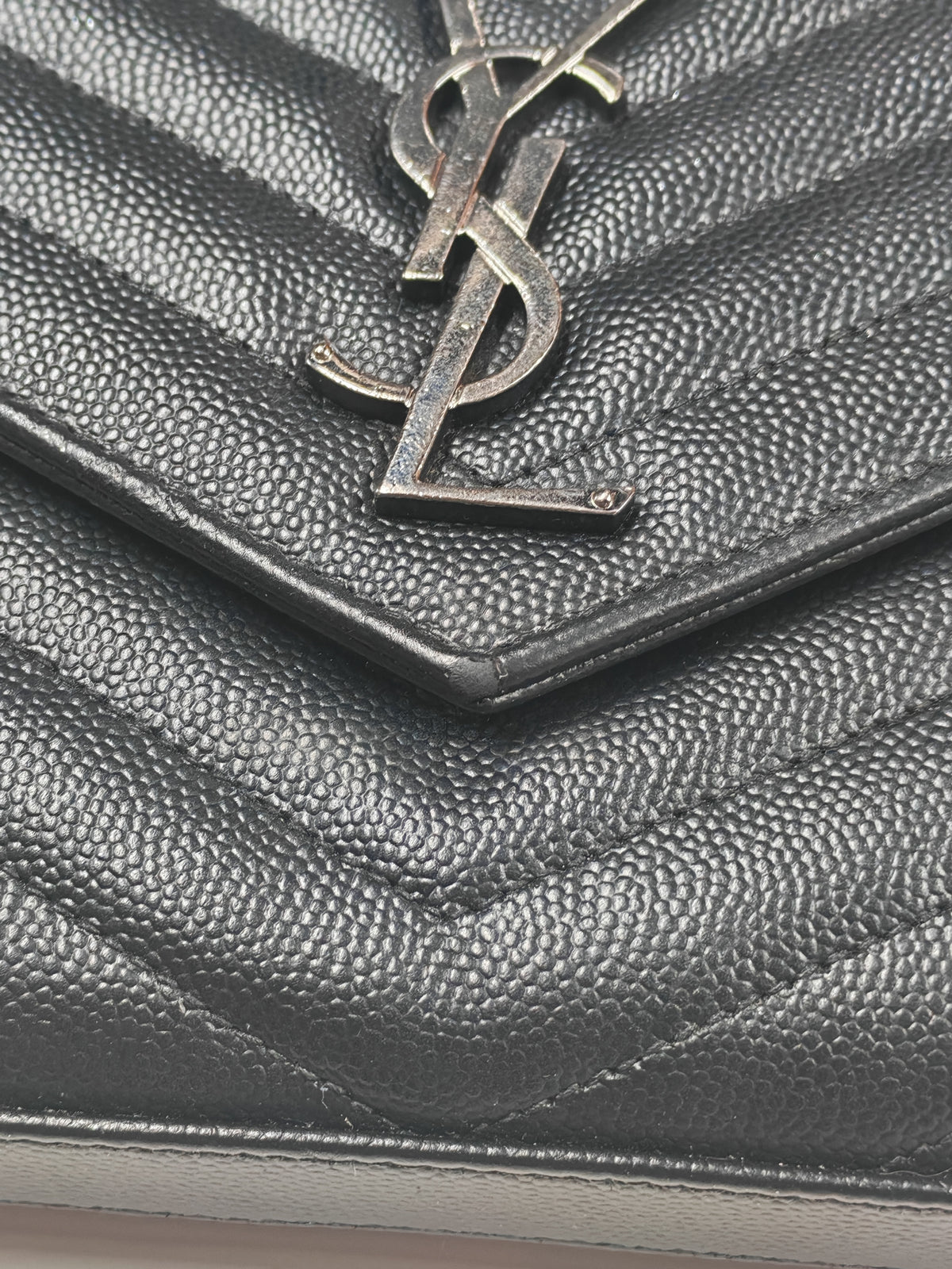 Yves Saint Laurent Cassandre Wallet on Chain in Black Chevron Quilted Grained de Poudre Leather & Silver Hardware | Purse Maison Luxury Bags Shop