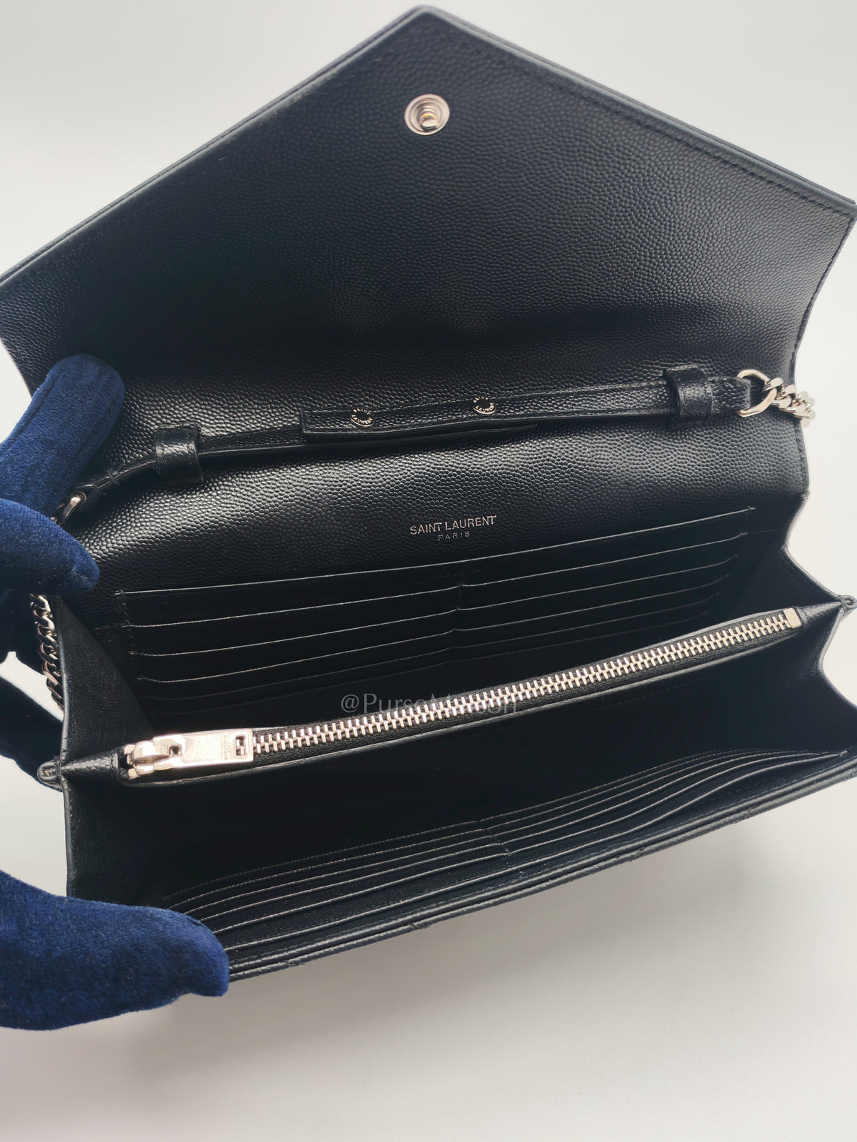 Yves Saint Laurent Cassandre Wallet on Chain in Black Chevron Quilted Grained de Poudre Leather & Silver Hardware | Purse Maison Luxury Bags Shop