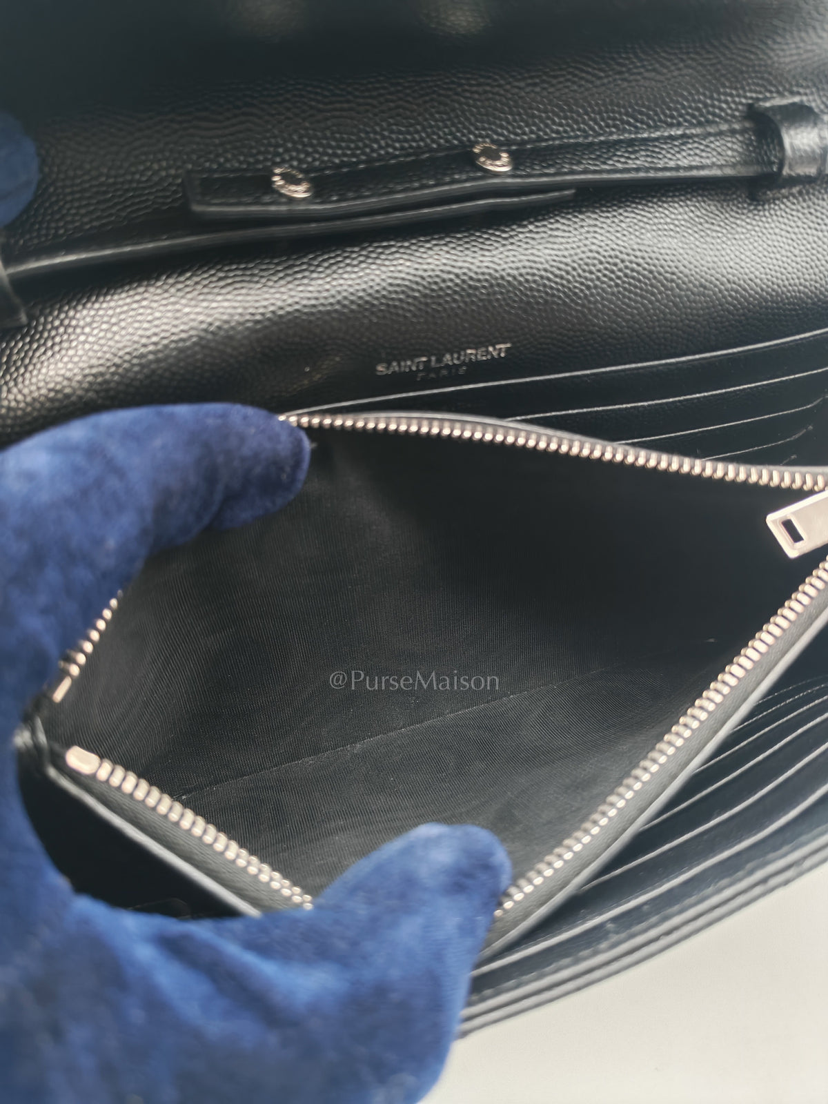 Yves Saint Laurent Cassandre Wallet on Chain in Black Chevron Quilted Grained de Poudre Leather & Silver Hardware | Purse Maison Luxury Bags Shop