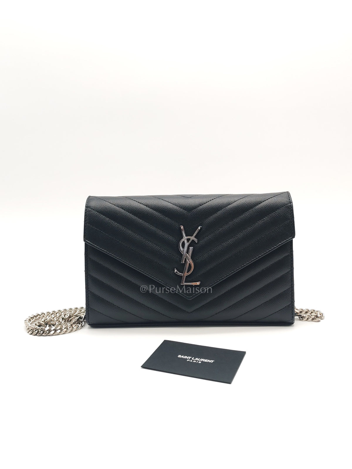 Yves Saint Laurent Cassandre Wallet on Chain in Black Chevron Quilted Grained de Poudre Leather & Silver Hardware | Purse Maison Luxury Bags Shop