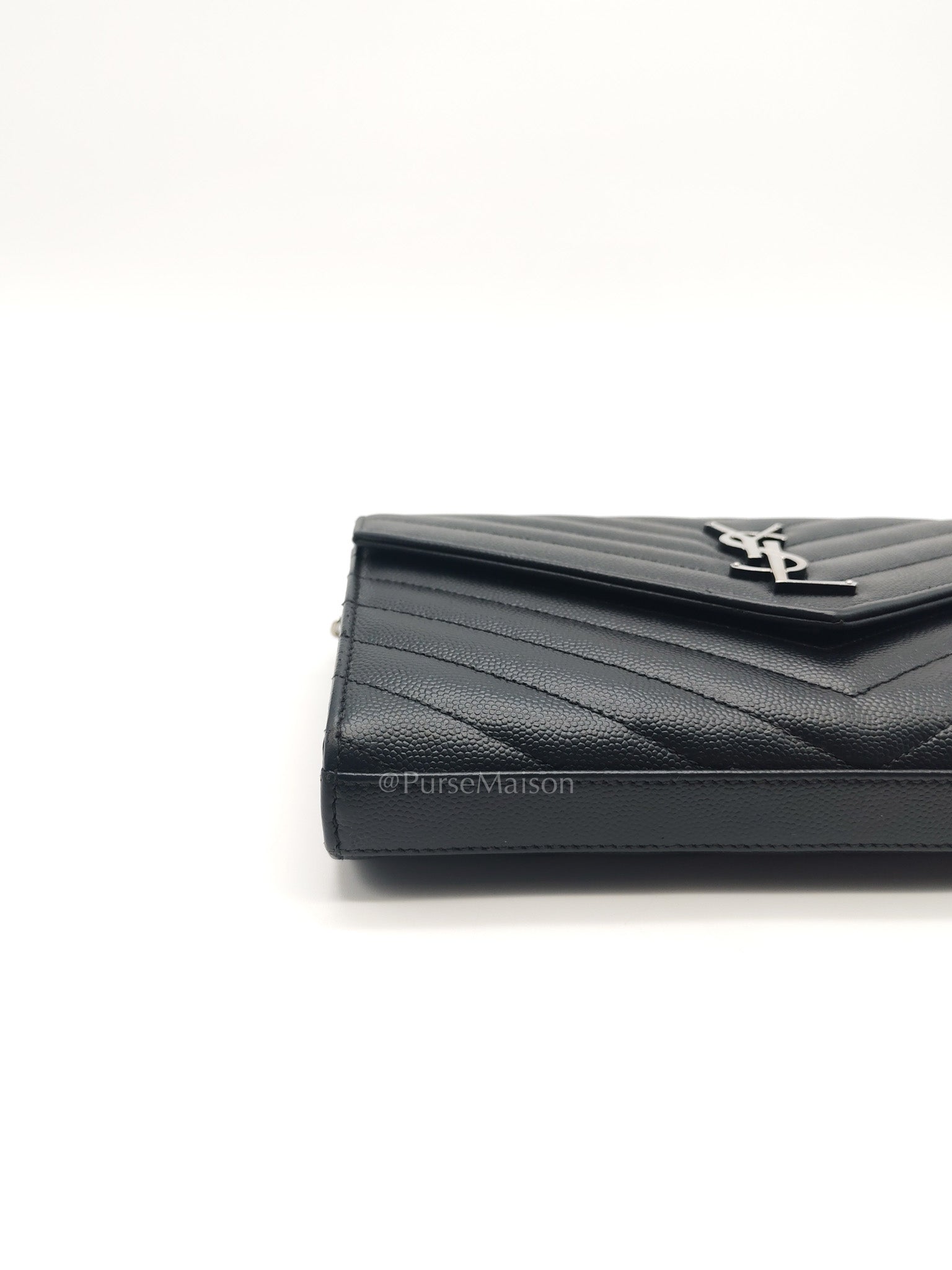 Yves Saint Laurent Cassandre Wallet on Chain in Black Chevron Quilted Grained de Poudre Leather & Silver Hardware | Purse Maison Luxury Bags Shop