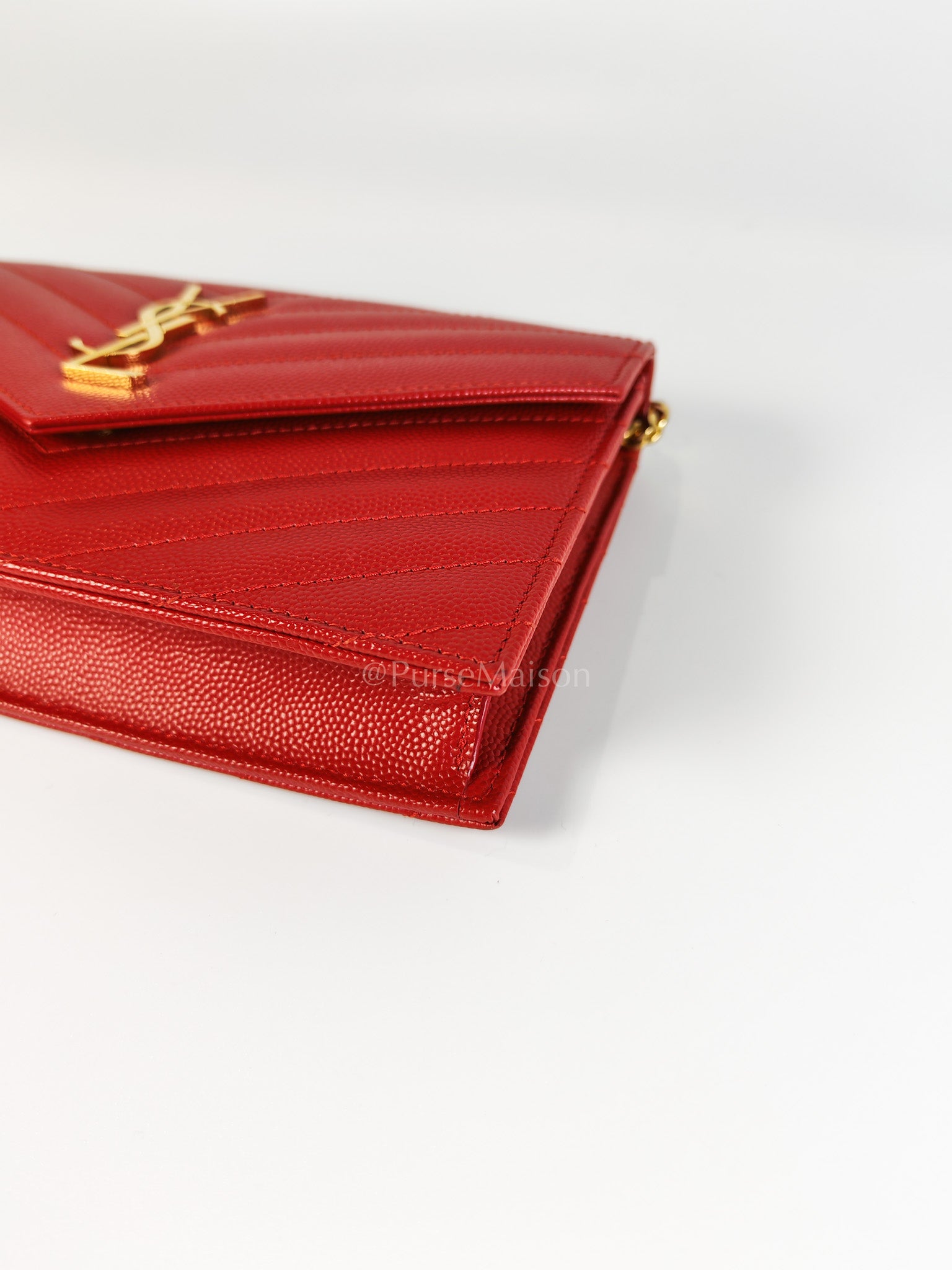 Cassandre Wallet on Chain (WOC) in Red Grained Calfskin Leather Chain Bag | Purse Maison Luxury Bags Shop
