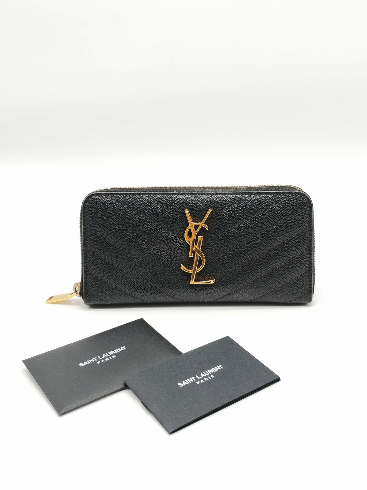 Yves Saint Laurent Cassandre Zip-Around Wallet in Black Chevron Quilted Matelasse Grained de Poudre Leather and Gold Hardware | Purse Maison Luxury Bags Shop