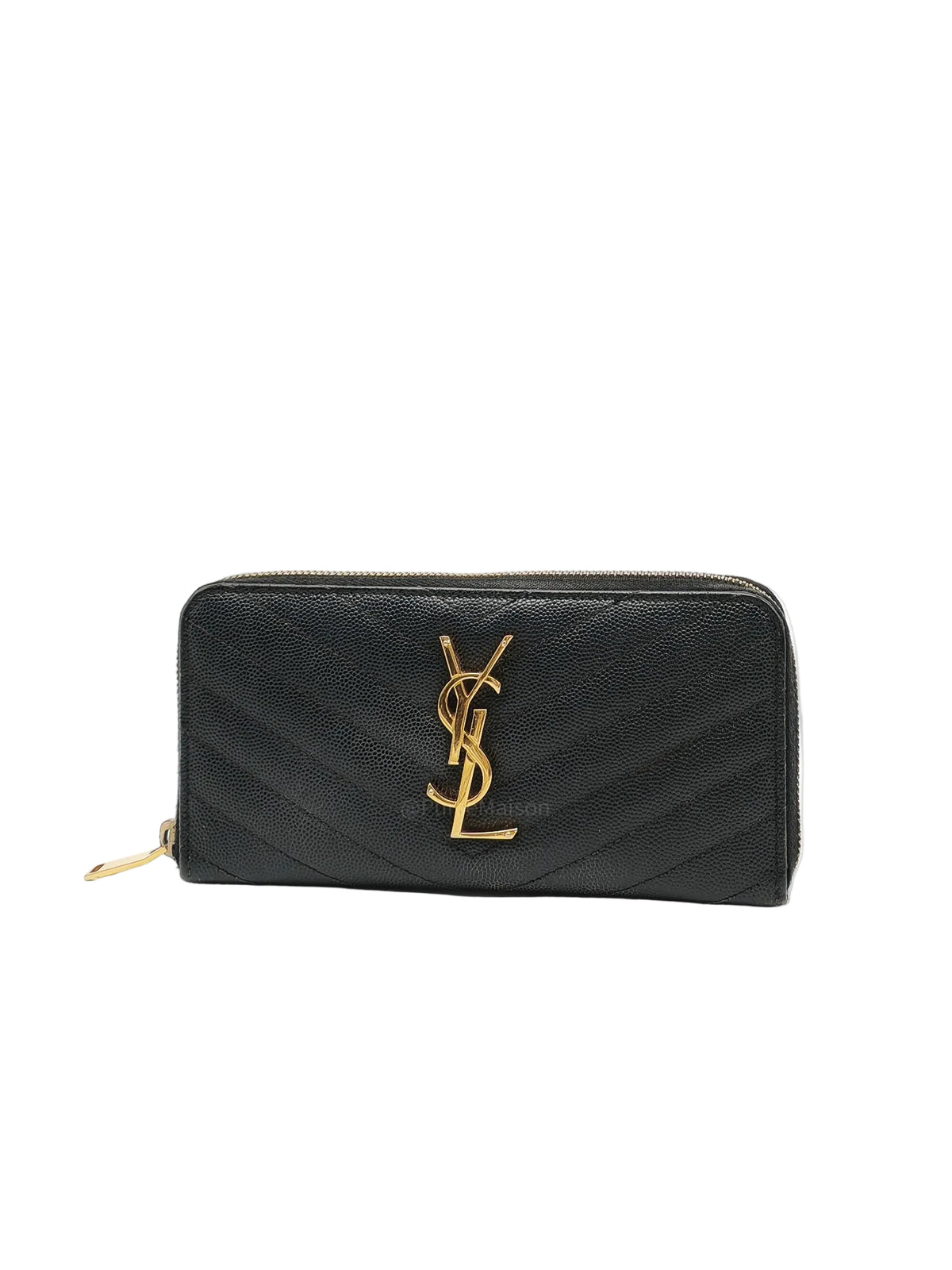 Yves Saint Laurent Cassandre Zip-Around Wallet in Black Chevron Quilted Matelasse Grained de Poudre Leather and Gold Hardware | Purse Maison Luxury Bags Shop