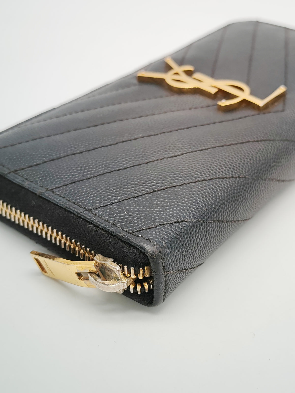 Yves Saint Laurent Cassandre Zip-Around Wallet in Black Chevron Quilted Matelasse Grained de Poudre Leather and Gold Hardware | Purse Maison Luxury Bags Shop