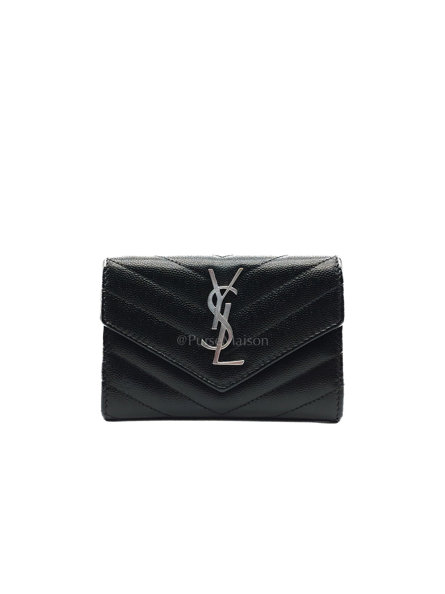 Yves Saint Laurent Chevron Wallet in Black Grain de Poudre Leather and Silver Hardware | Purse Maison Luxury Bags Shop