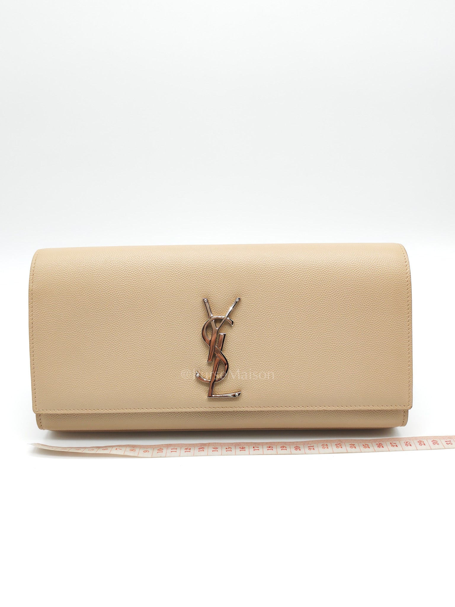 Yves Saint Laurent Classic Monogram Clutch in Light Beige Grain De Poudre Leather and Silver Hardware | Purse Maison Luxury Bags Shop