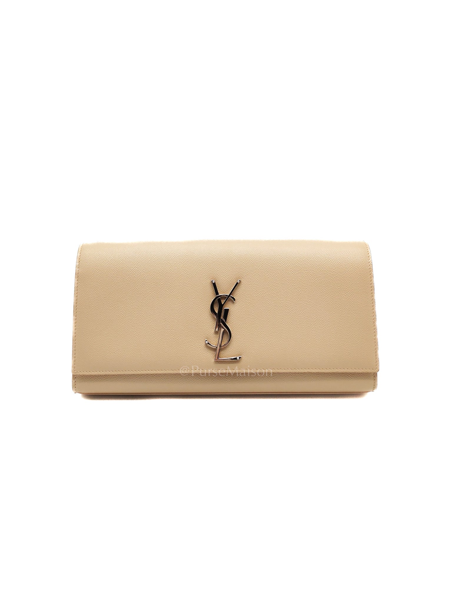 Yves Saint Laurent Classic Monogram Clutch in Light Beige Grain De Poudre Leather and Silver Hardware | Purse Maison Luxury Bags Shop