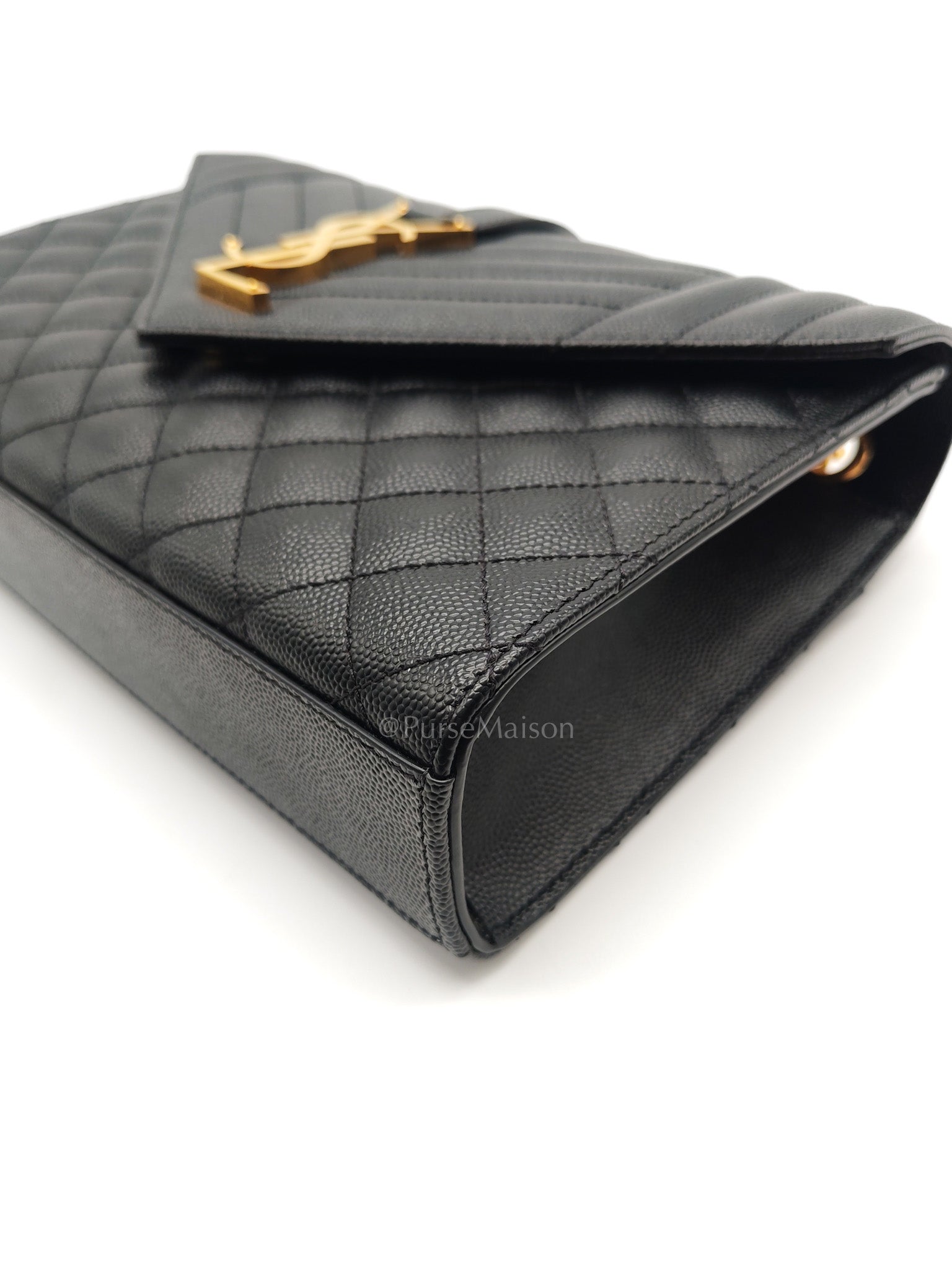 Yves Saint Laurent Envelope Bag Medium in Black Chevron Quilted Grain de Poudre Leather and Gold Hardware | Purse Maison Luxury Bags Shop