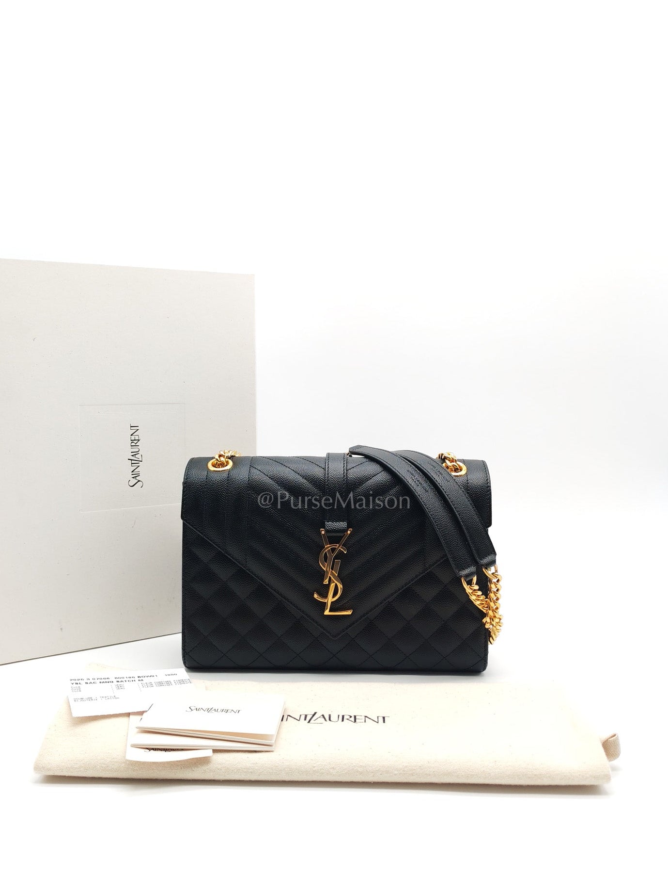 Yves Saint Laurent Envelope Bag Medium in Black Chevron Quilted Grain de Poudre Leather and Gold Hardware | Purse Maison Luxury Bags Shop