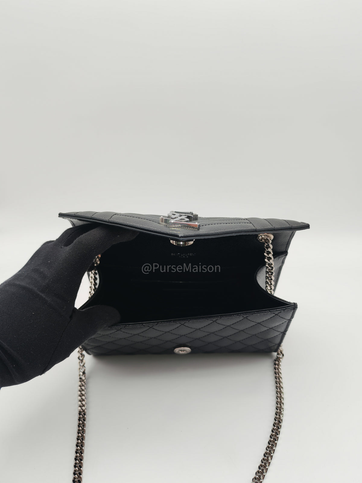 Yves Saint Laurent Envelope Chain Bag Small in Black Grain De Poudre Embossed Leather and Silver Hardware | Purse Maison Luxury Bags Shop