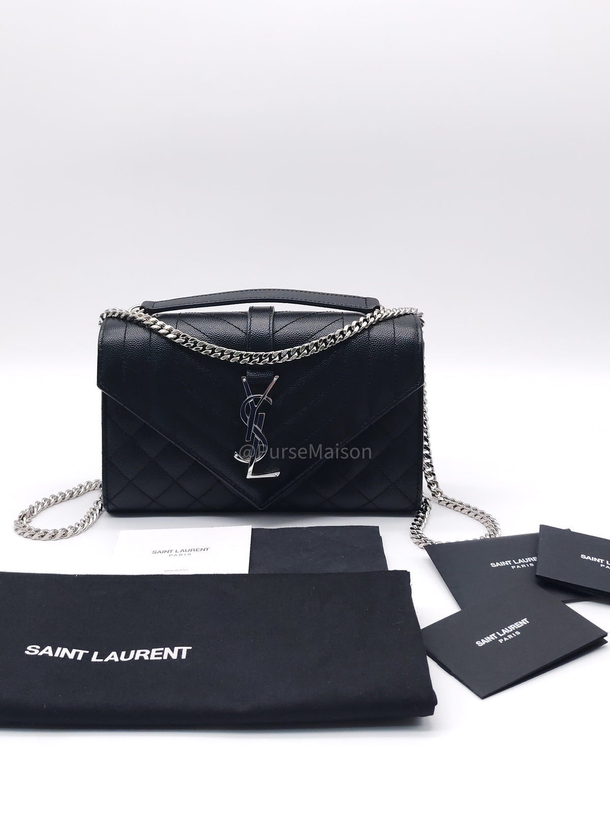 Yves Saint Laurent Envelope Chain Bag Small in Black Grain De Poudre Embossed Leather and Silver Hardware | Purse Maison Luxury Bags Shop