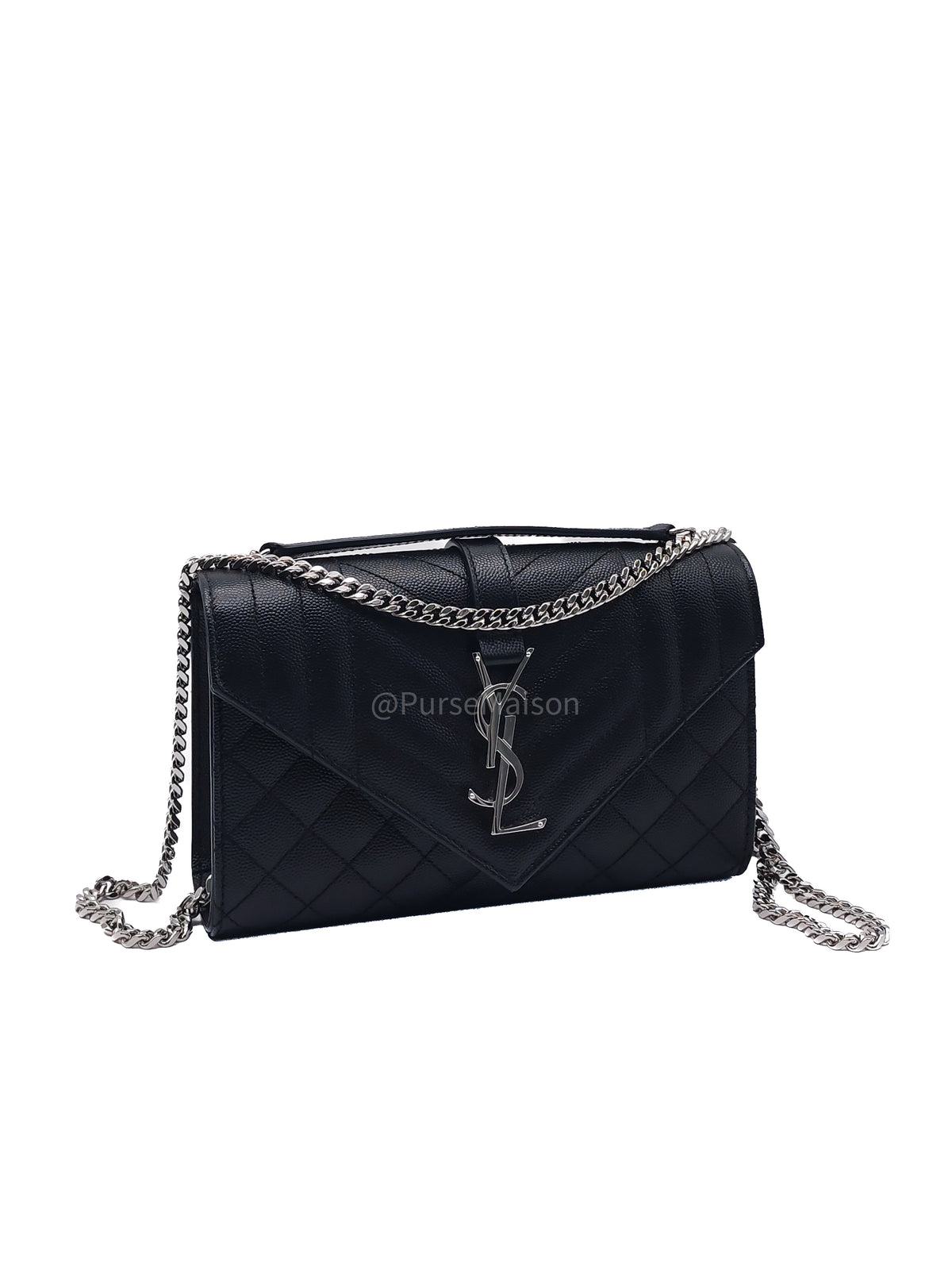 Yves Saint Laurent Envelope Chain Bag Small in Black Grain De Poudre Embossed Leather and Silver Hardware | Purse Maison Luxury Bags Shop