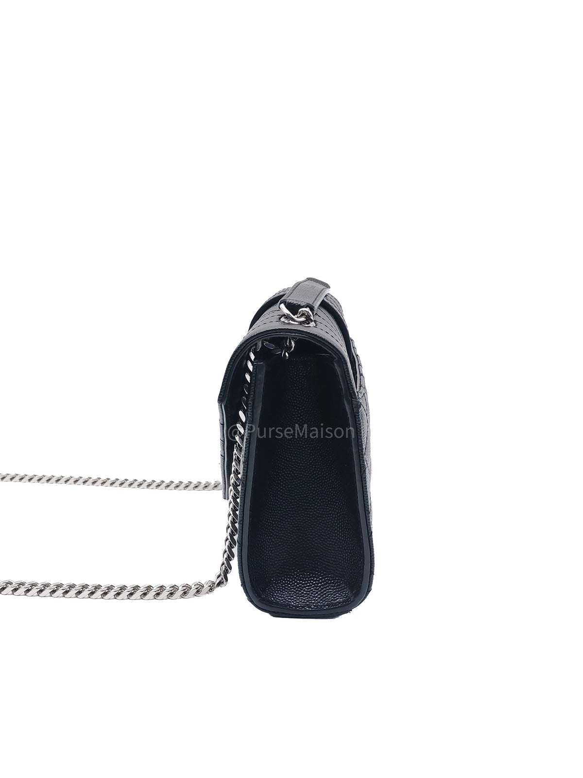 Yves Saint Laurent Envelope Chain Bag Small in Black Grain De Poudre Embossed Leather and Silver Hardware | Purse Maison Luxury Bags Shop