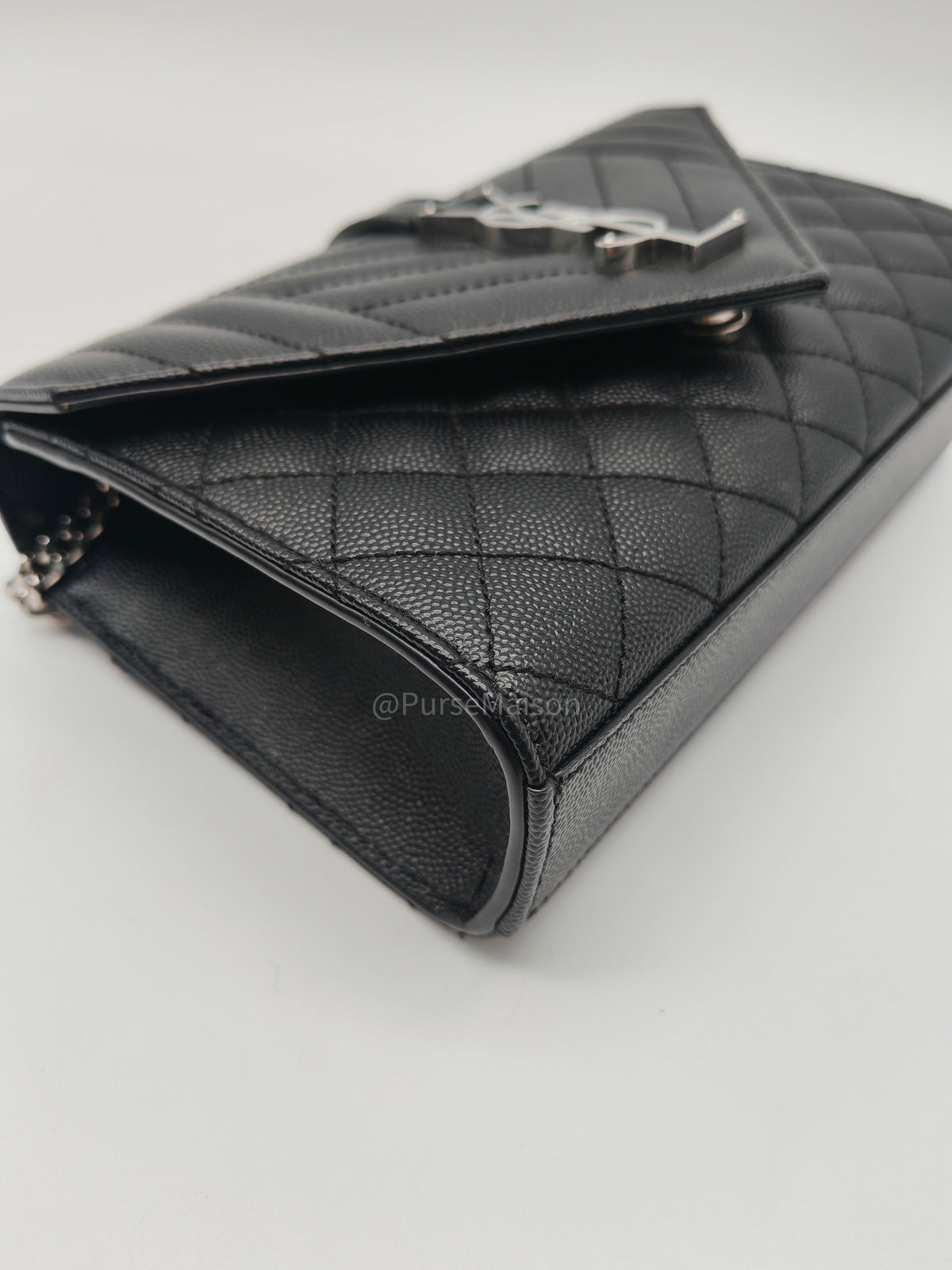 Yves Saint Laurent Envelope Chain Bag Small in Black Grain De Poudre Embossed Leather and Silver Hardware | Purse Maison Luxury Bags Shop