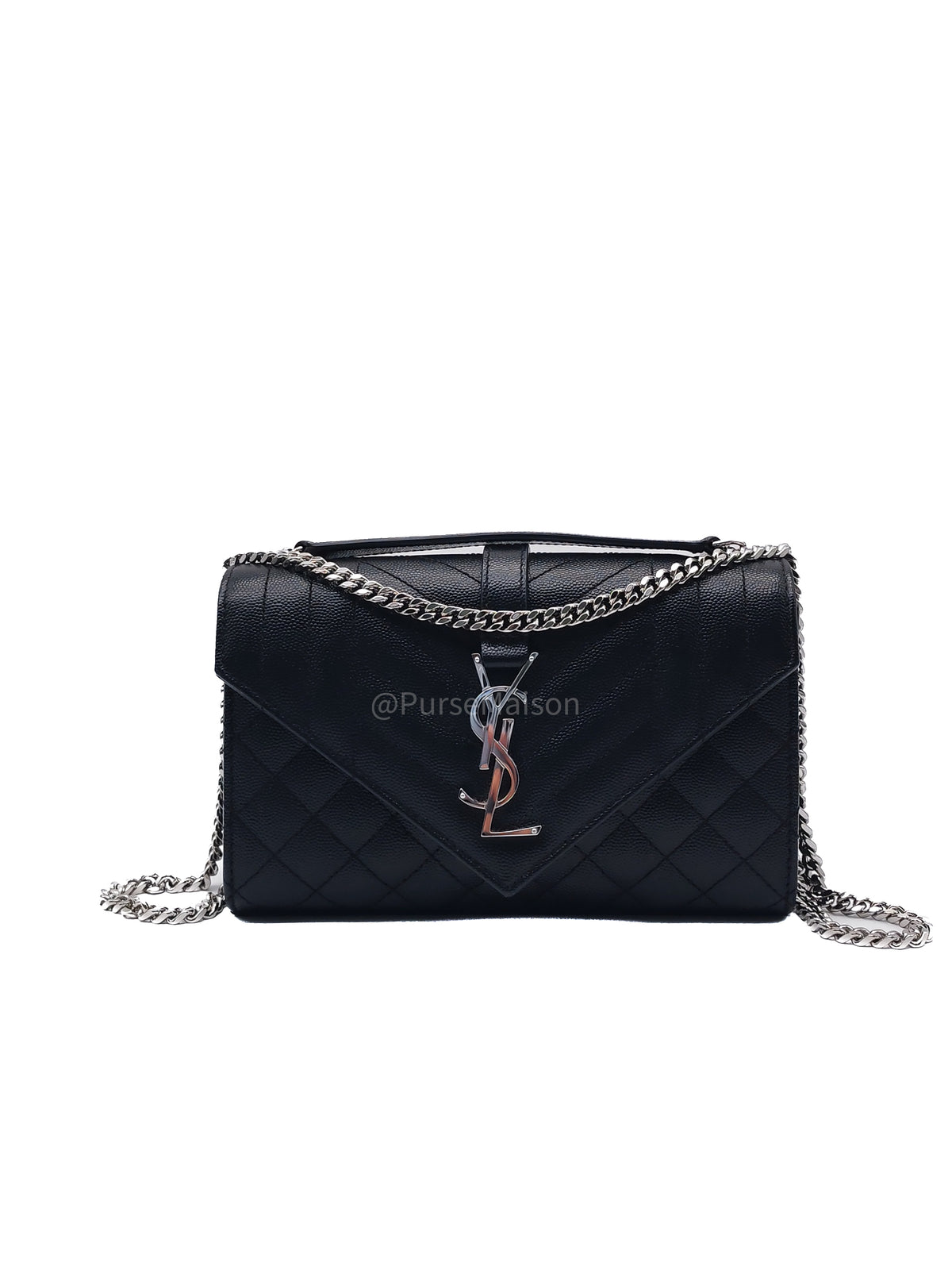 Yves Saint Laurent Envelope Chain Bag Small in Black Grain De Poudre Embossed Leather and Silver Hardware | Purse Maison Luxury Bags Shop