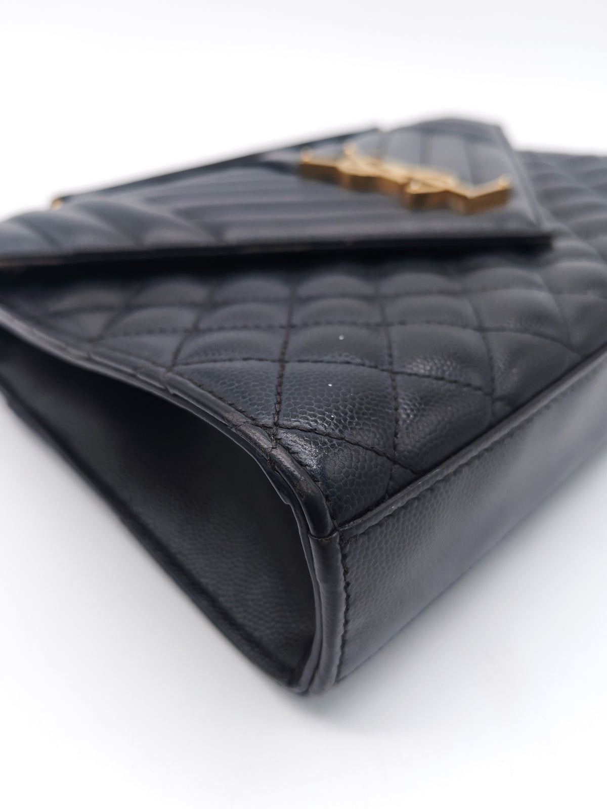 Yves Saint Laurent Envelope Medium Bag in Black Quilted Grain de Poudre Embossed Leather and Gold Hardware | Purse Maison Luxury Bags Shop