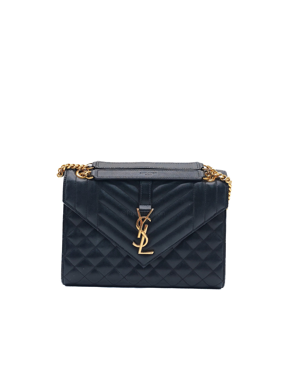 Yves Saint Laurent Envelope Medium Bag in Black Quilted Grain de Poudre Embossed Leather and Gold Hardware | Purse Maison Luxury Bags Shop