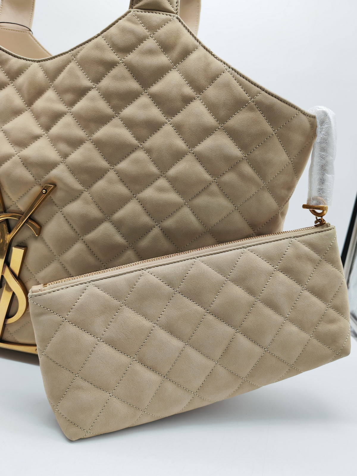 Yves Saint Laurent Icare Maxi Shopping Bag in Beige Suede Leather with Bronze Tone Hardware | Purse Maison Luxury Bags Shop