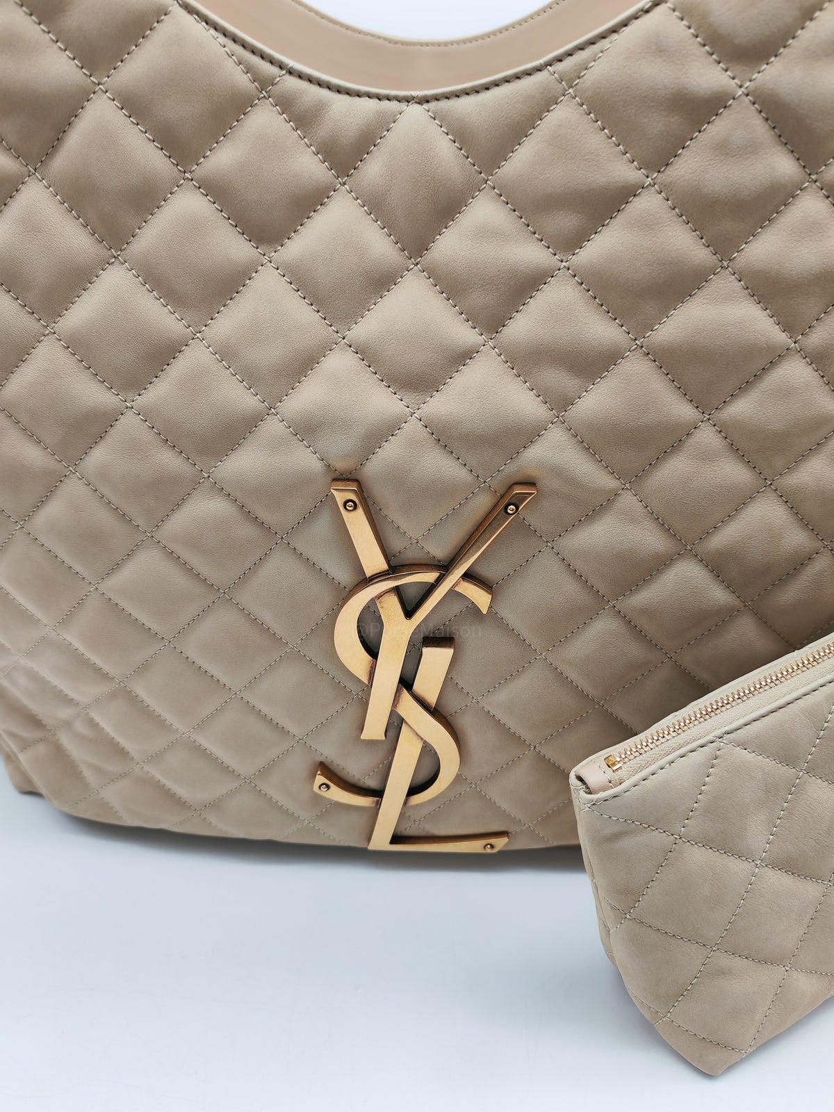 Yves Saint Laurent Icare Maxi Shopping Bag in Beige Suede Leather with Bronze Tone Hardware | Purse Maison Luxury Bags Shop