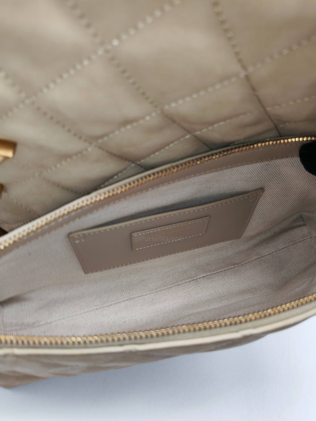Yves Saint Laurent Icare Maxi Shopping Bag in Beige Suede Leather with Bronze Tone Hardware | Purse Maison Luxury Bags Shop