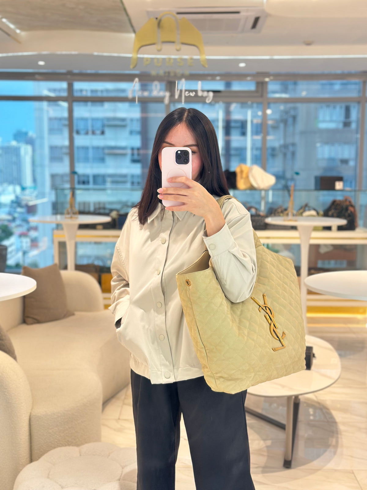 Yves Saint Laurent Icare Maxi Shopping Bag in Beige Suede Leather with Bronze Tone Hardware | Purse Maison Luxury Bags Shop