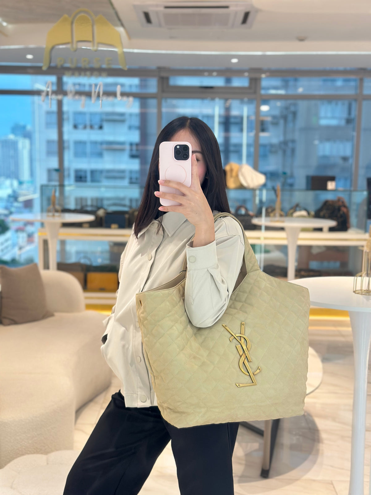 Yves Saint Laurent Icare Maxi Shopping Bag in Beige Suede Leather with Bronze Tone Hardware | Purse Maison Luxury Bags Shop