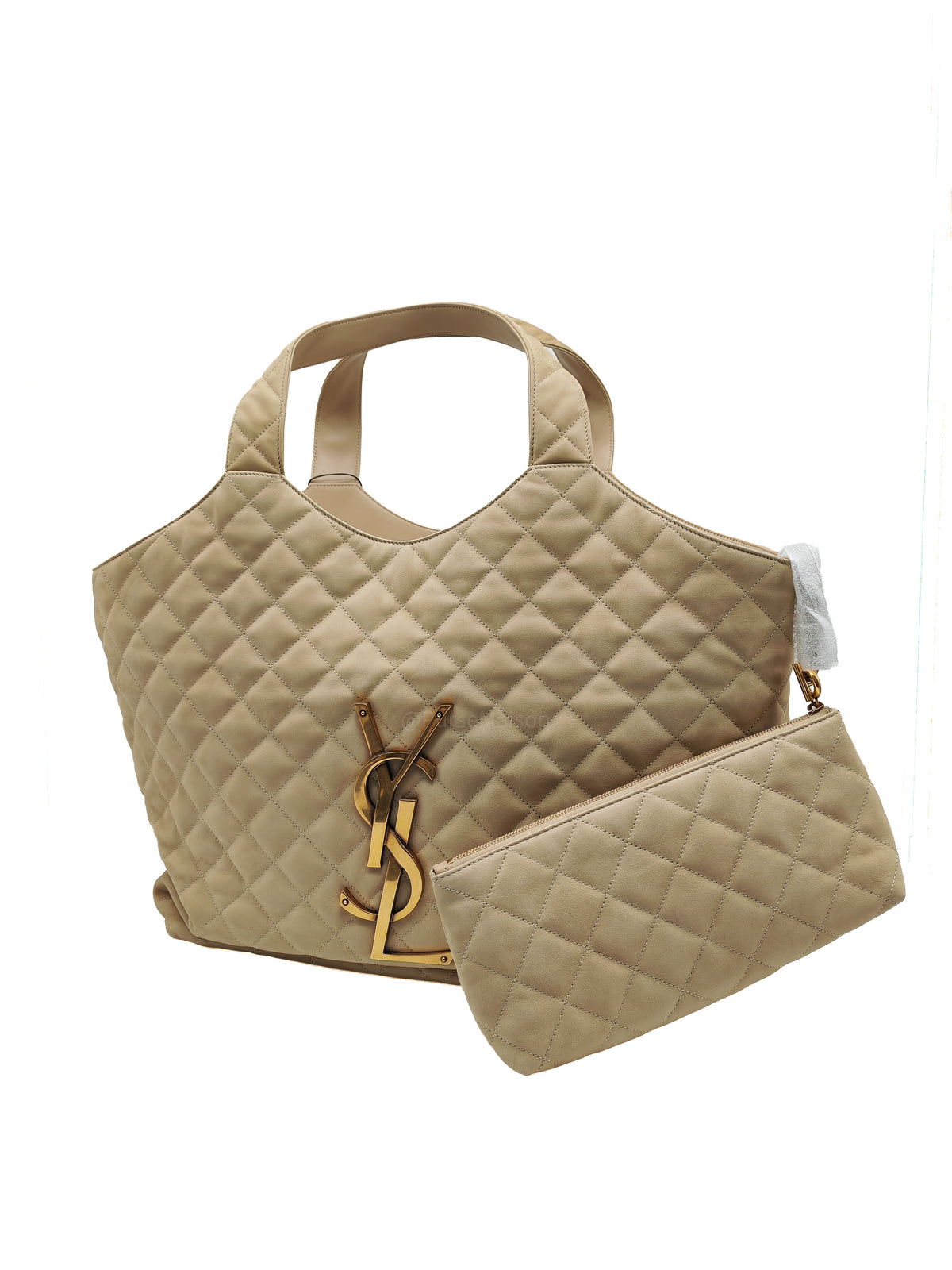 Yves Saint Laurent Icare Maxi Shopping Bag in Beige Suede Leather with Bronze Tone Hardware | Purse Maison Luxury Bags Shop