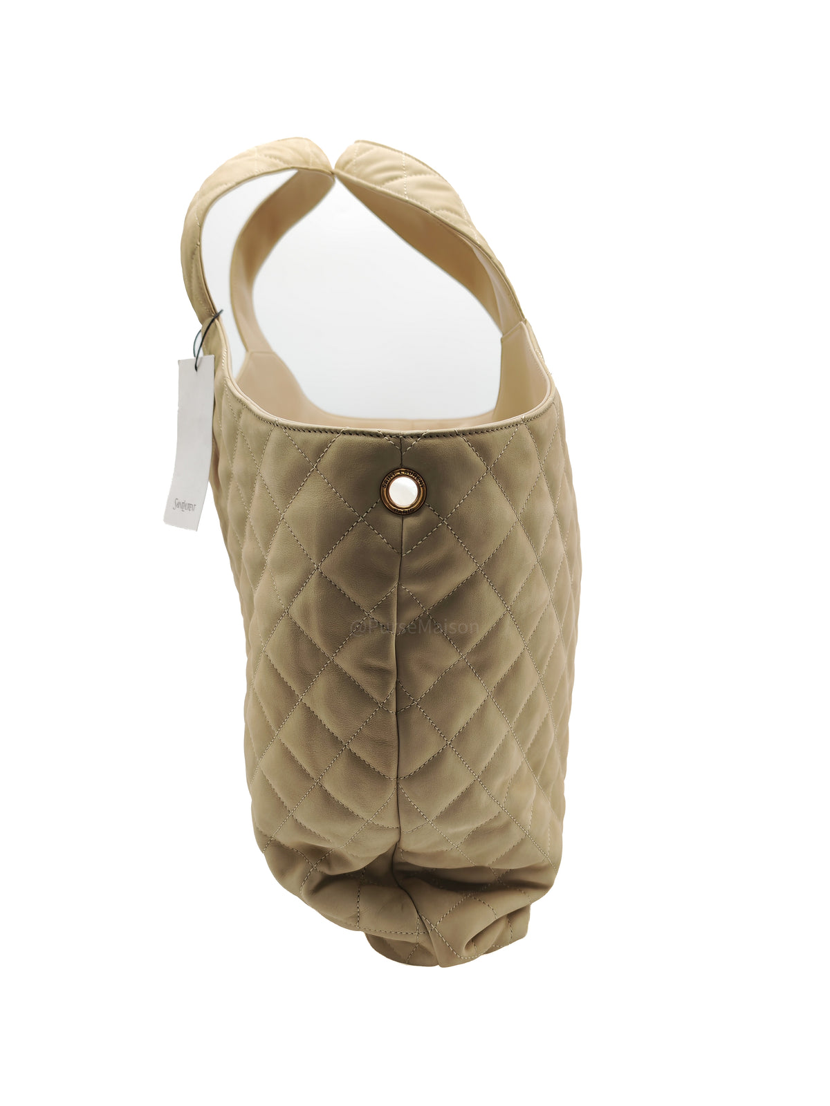 Yves Saint Laurent Icare Maxi Shopping Bag in Beige Suede Leather with Bronze Tone Hardware | Purse Maison Luxury Bags Shop