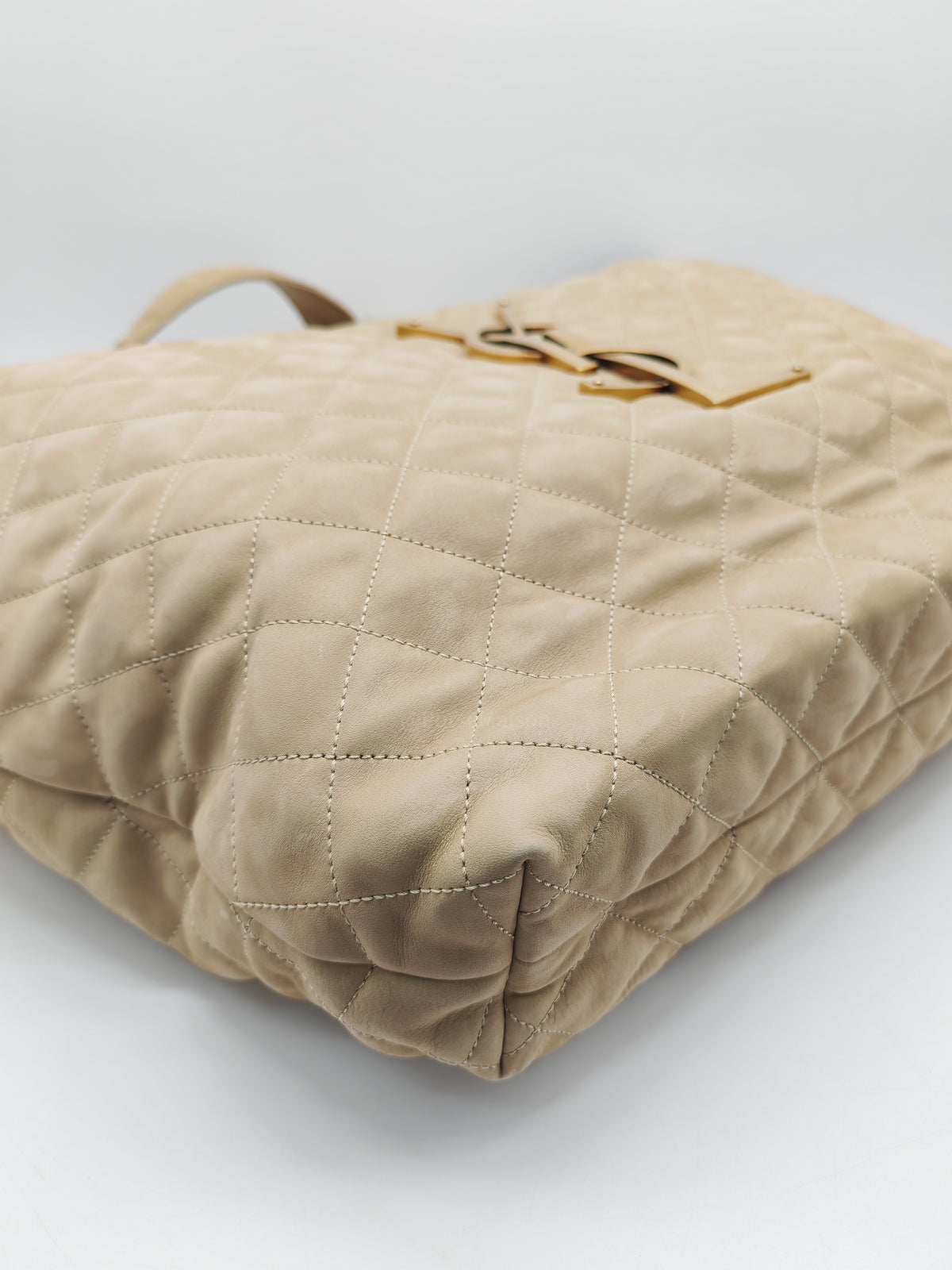 Yves Saint Laurent Icare Maxi Shopping Bag in Beige Suede Leather with Bronze Tone Hardware | Purse Maison Luxury Bags Shop