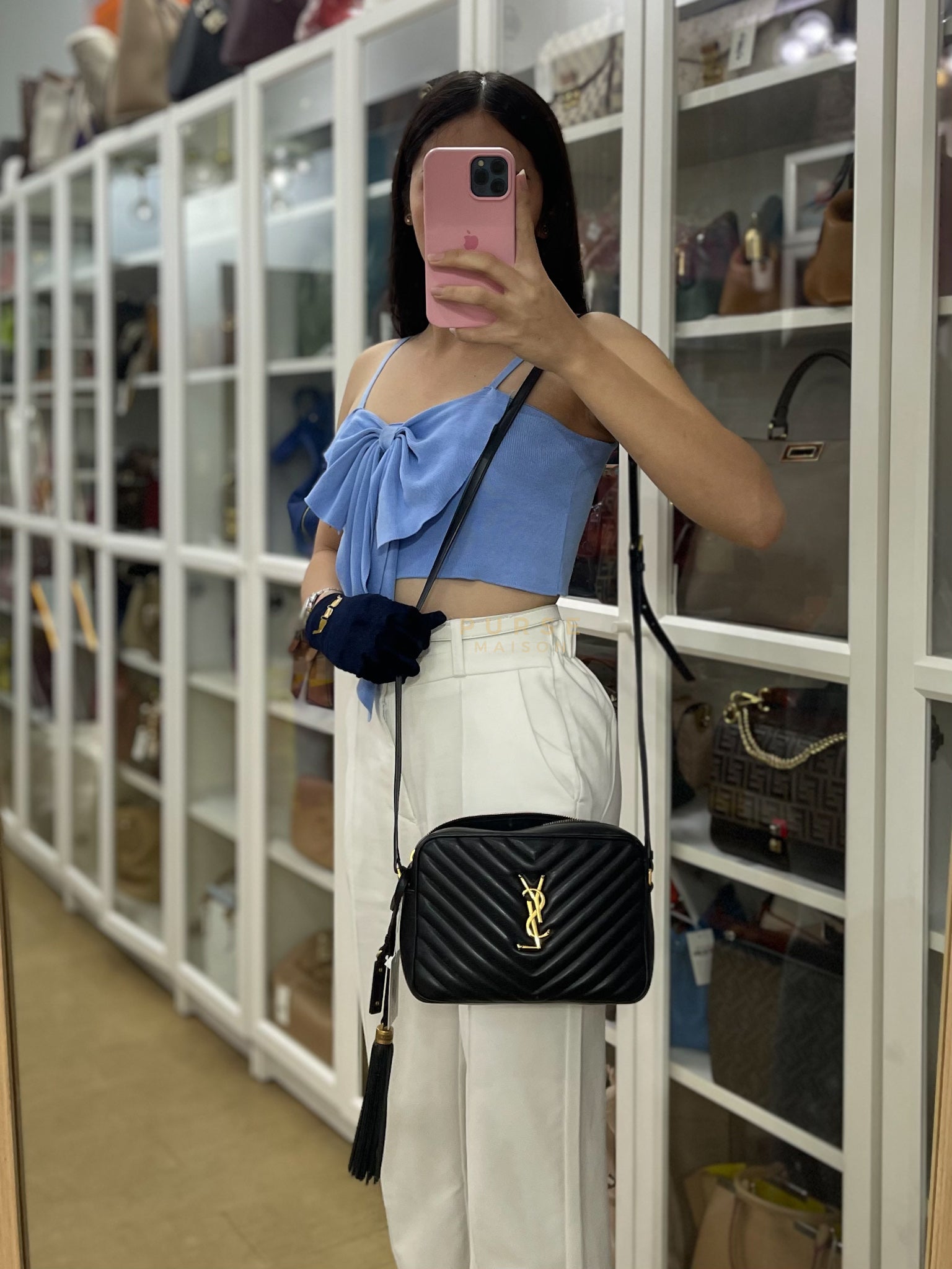 Lou Camera Bag in Black Chevron Calfskin Leather | Purse Maison Luxury Bags Shop