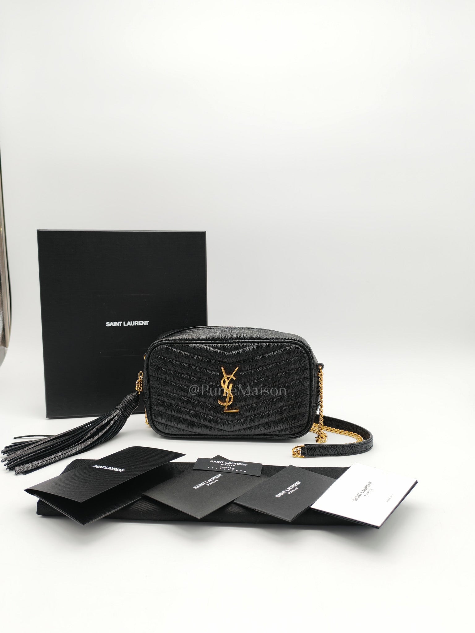 Lou Camera Bag Mini in Black Chevron Quilted Shiny Grained Calfskin Leather and Gold Hardware | Purse Maison Luxury Bags Shop