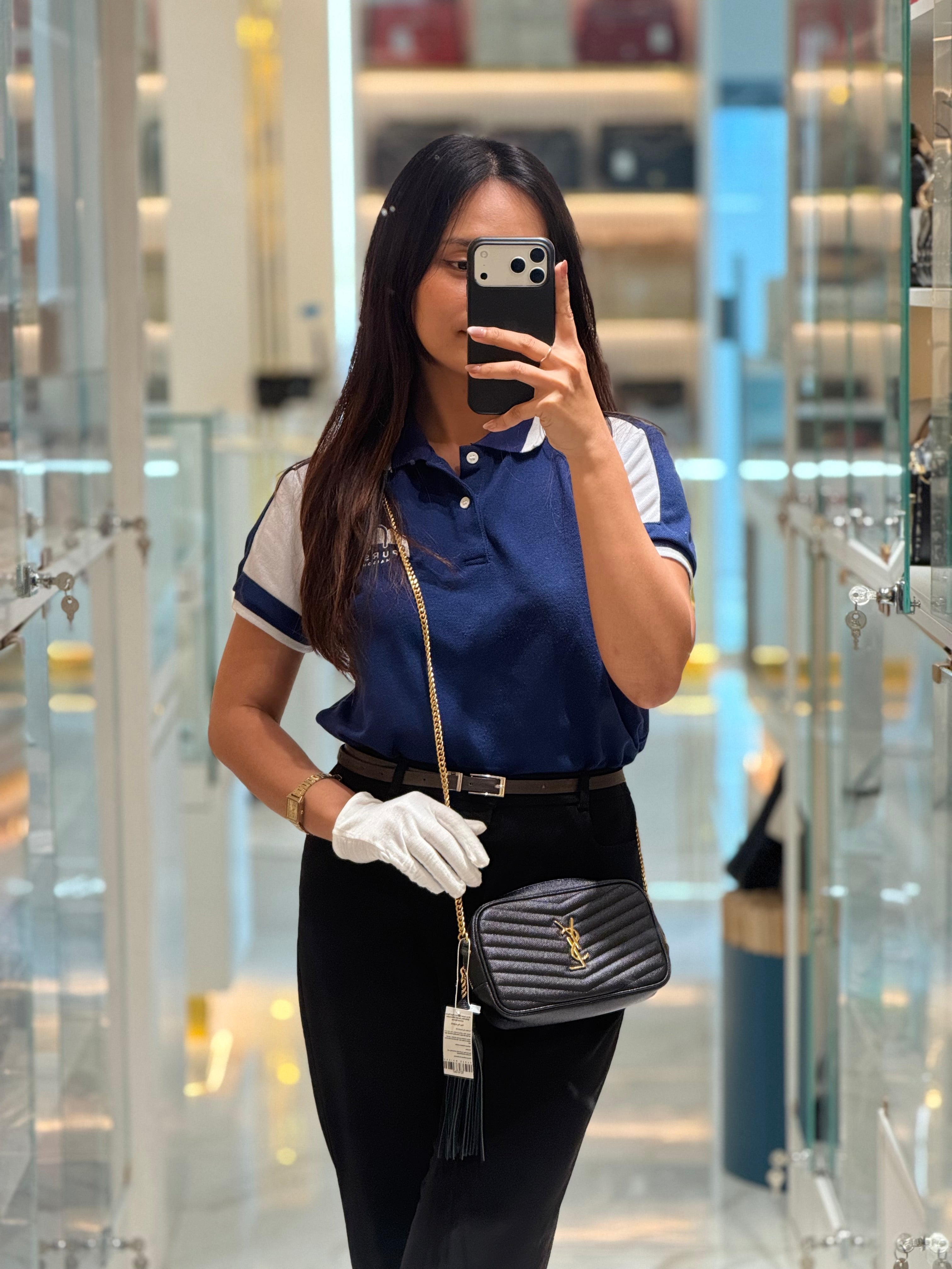 Yves Saint Laurent Lou Camera Bag Mini in Black Chevron Quilted Shiny Grained Calfskin Leather and Gold Hardware | Purse Maison Luxury Bags Shop