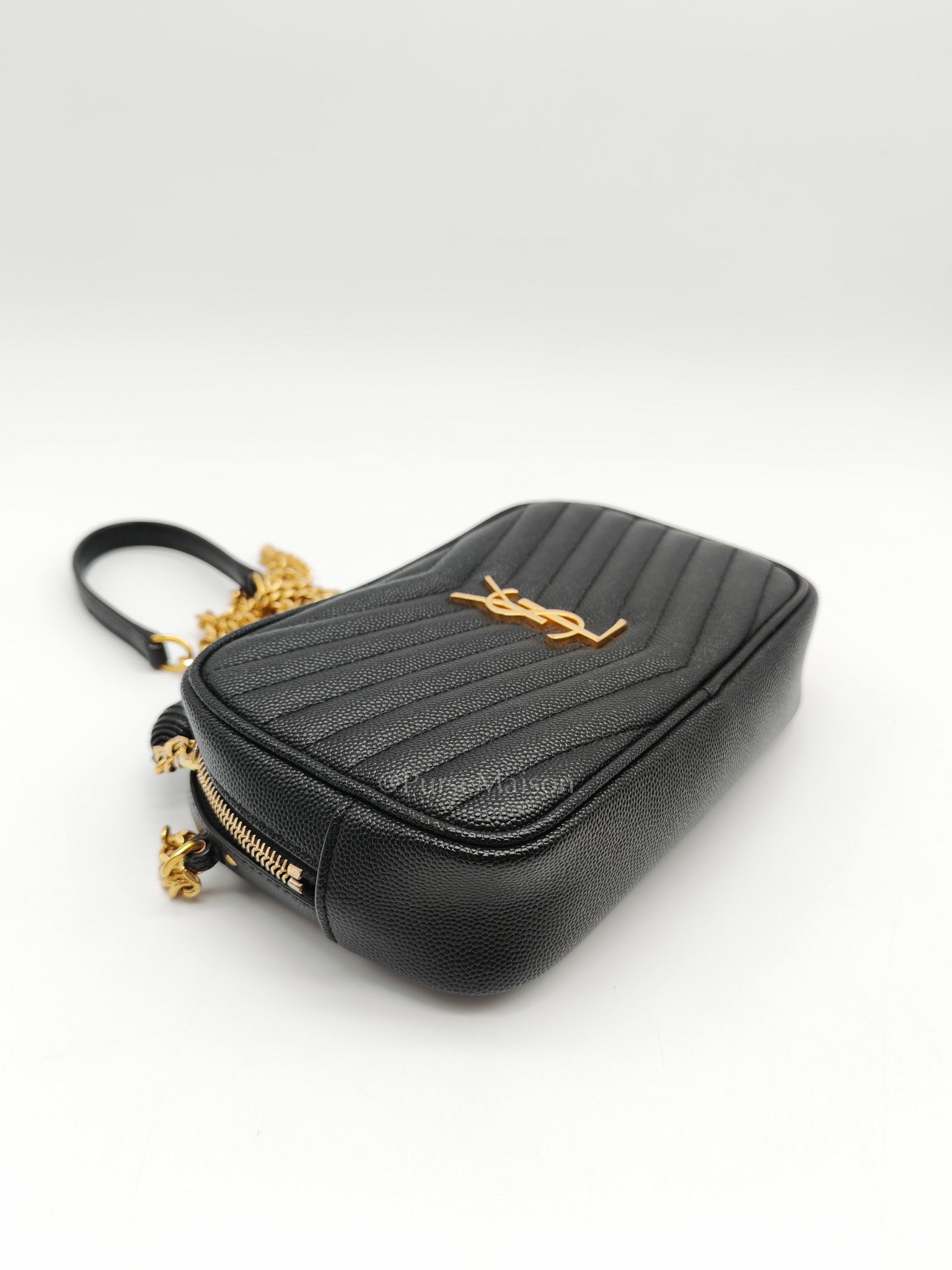Lou Camera Bag Mini in Black Chevron Quilted Shiny Grained Calfskin Leather and Gold Hardware | Purse Maison Luxury Bags Shop