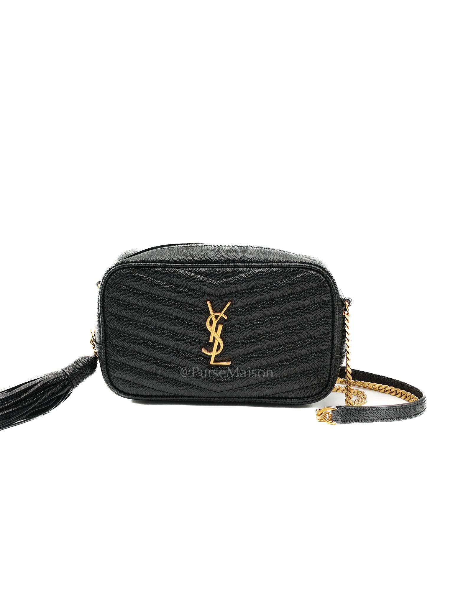 Lou Camera Bag Mini in Black Chevron Quilted Shiny Grained Calfskin Leather and Gold Hardware | Purse Maison Luxury Bags Shop