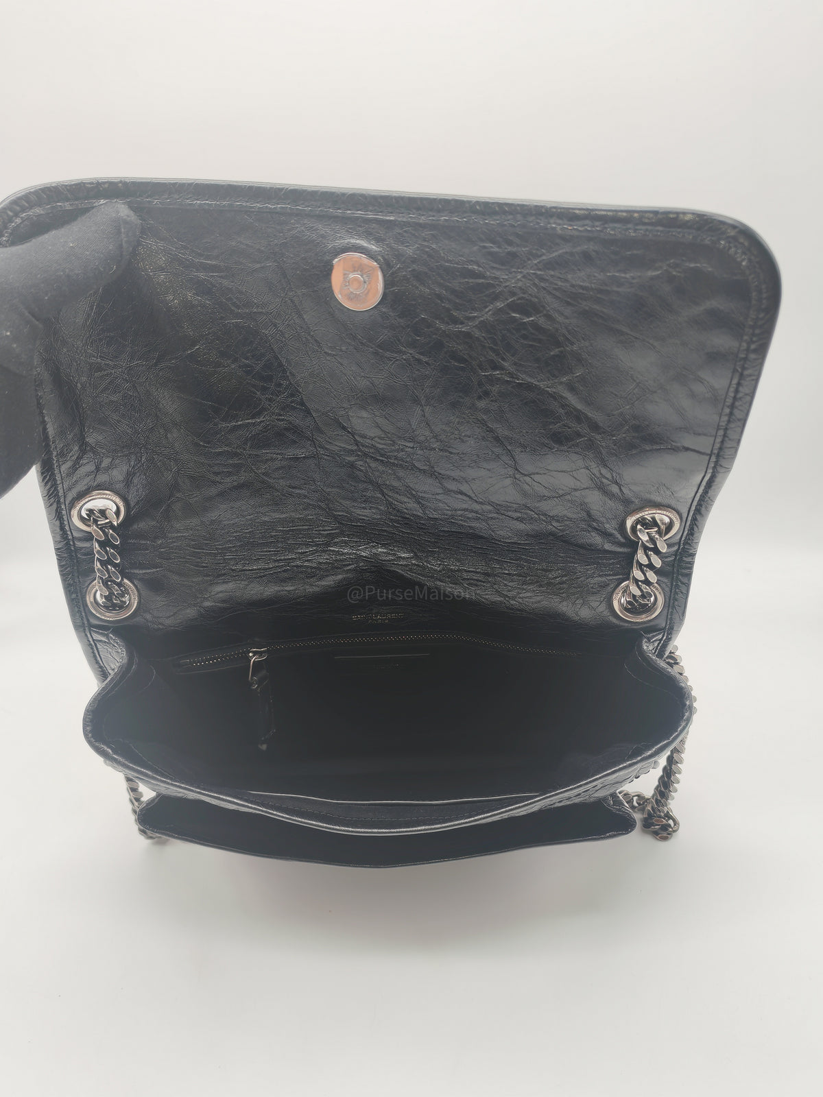 Yves Saint Laurent Niki Shoulder Bag Medium in Black Quilted Crinkled Calfskin Leather and Mixed Hardware | Purse Maison Luxury Bags Shop