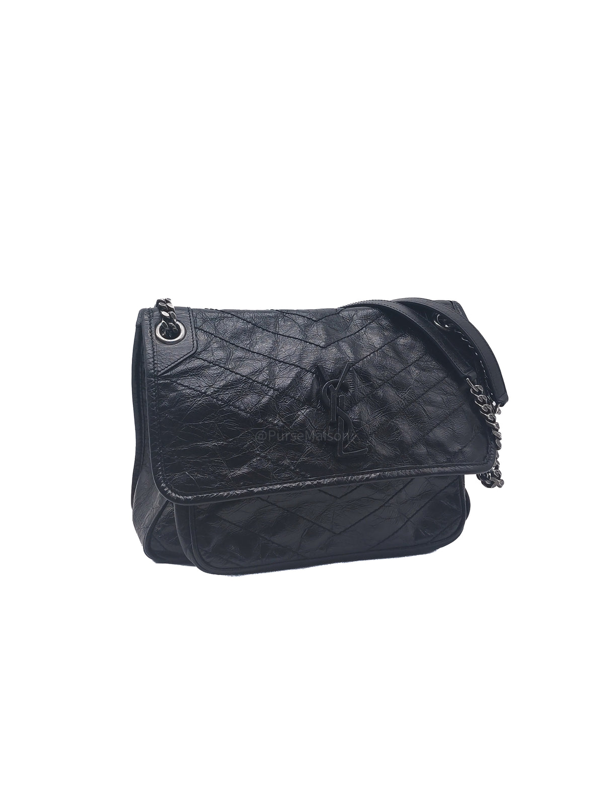 Yves Saint Laurent Niki Shoulder Bag Medium in Black Quilted Crinkled Calfskin Leather and Mixed Hardware | Purse Maison Luxury Bags Shop
