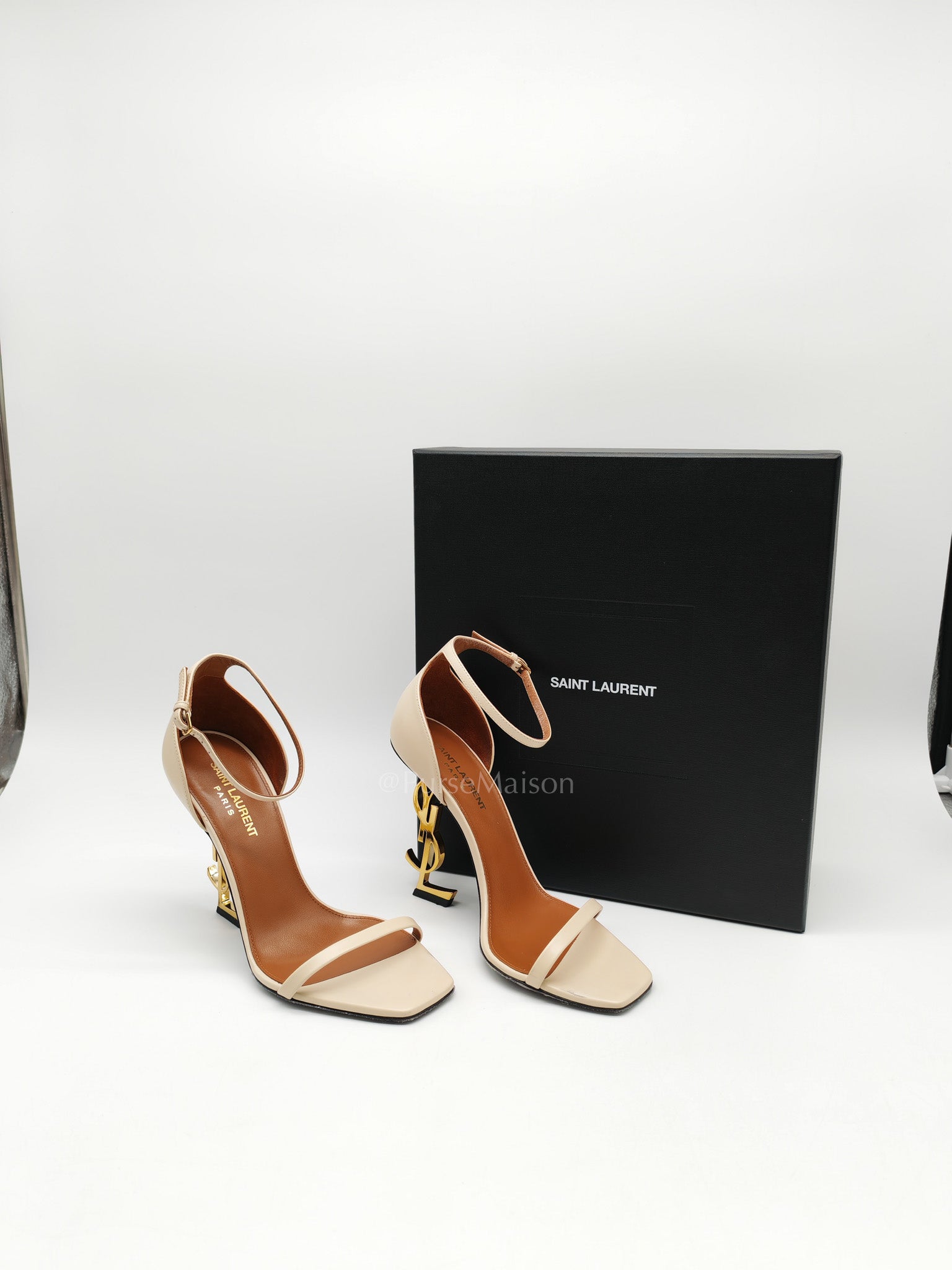 Opyum Logo Heel Sandals in Light Beige Calfskin Leather Size 37.5 EU (23.5 cm) | Purse Maison Luxury Bags Shop