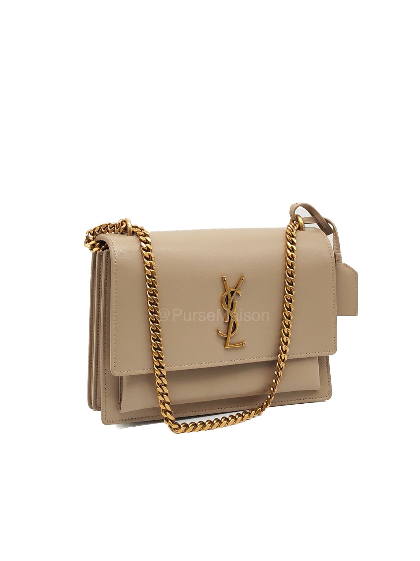 Yves Saint Laurent Sunset Medium in Dark Beige Calfskin Leather and Gold Hardware | Purse Maison Luxury Bags Shop