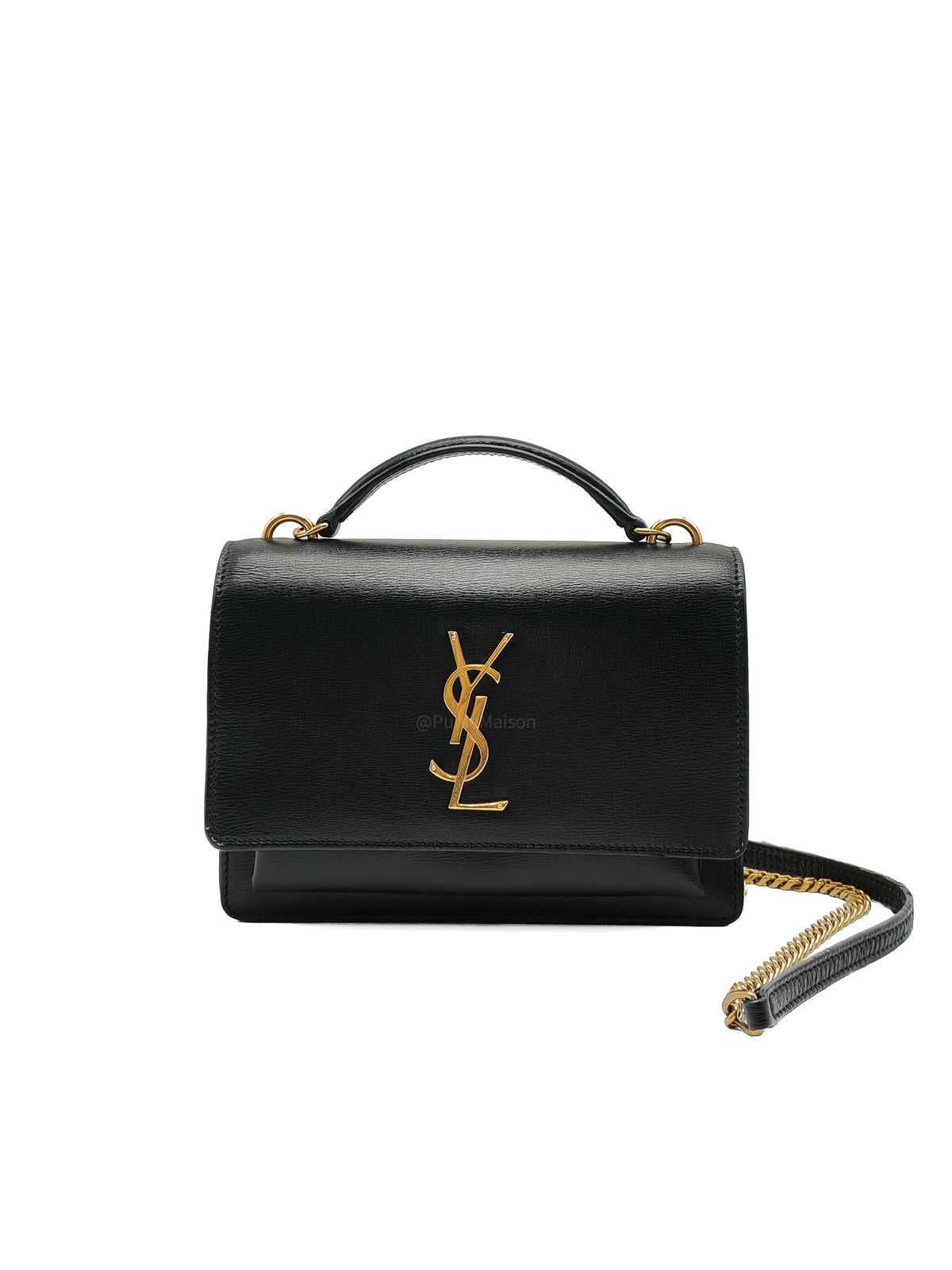Yves Saint Laurent Sunset Mini Top Handle Bag in Black Calfskin Leather and Gold Hardware | Purse Maison Luxury Bags Shop