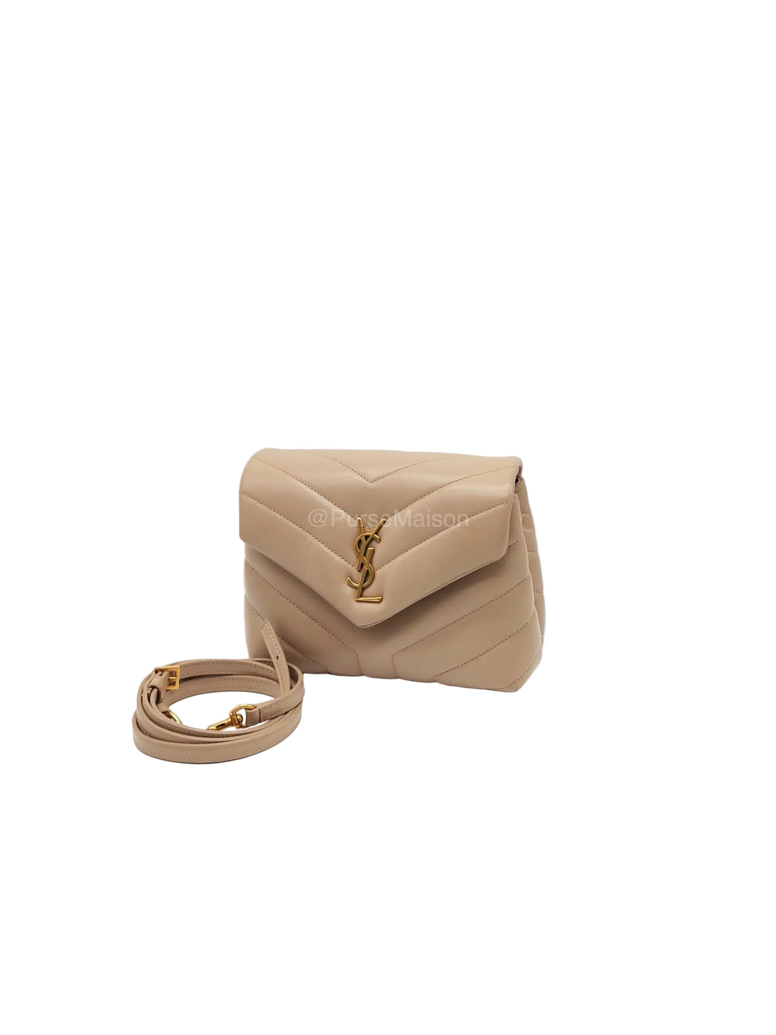 Yves Saint Laurent Toy Loulou Bag in Beige Chevron Quilted Calfskin Leather and Gold Hardware | Purse Maison Luxury Bags Shop