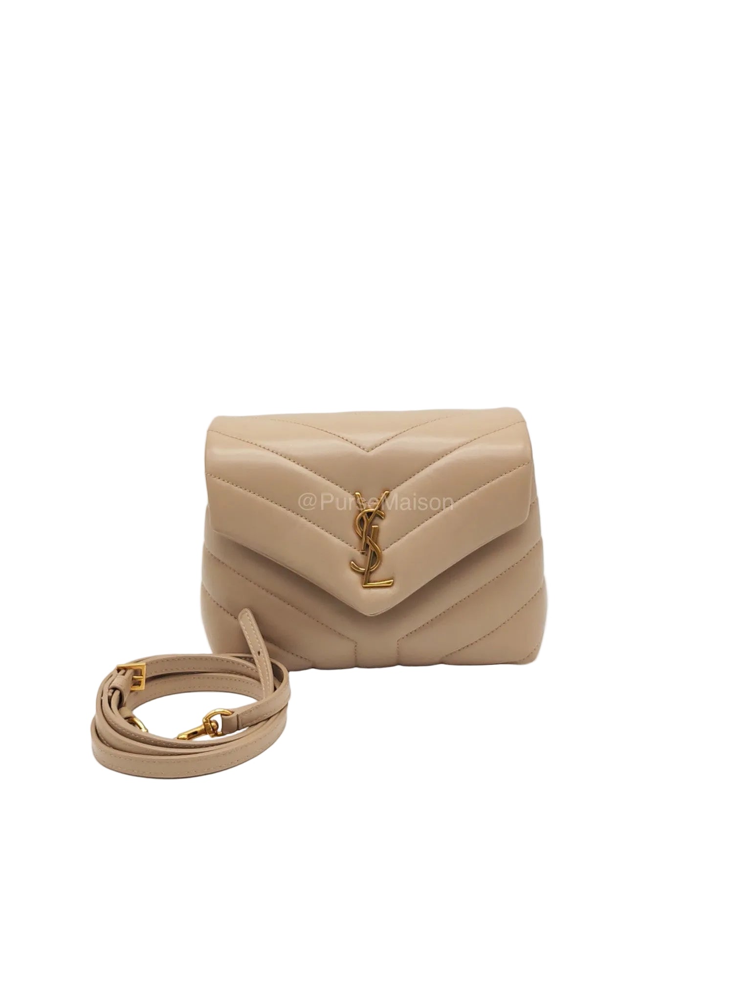 Yves Saint Laurent Toy Loulou Bag in Beige Chevron Quilted Calfskin Leather and Gold Hardware | Purse Maison Luxury Bags Shop