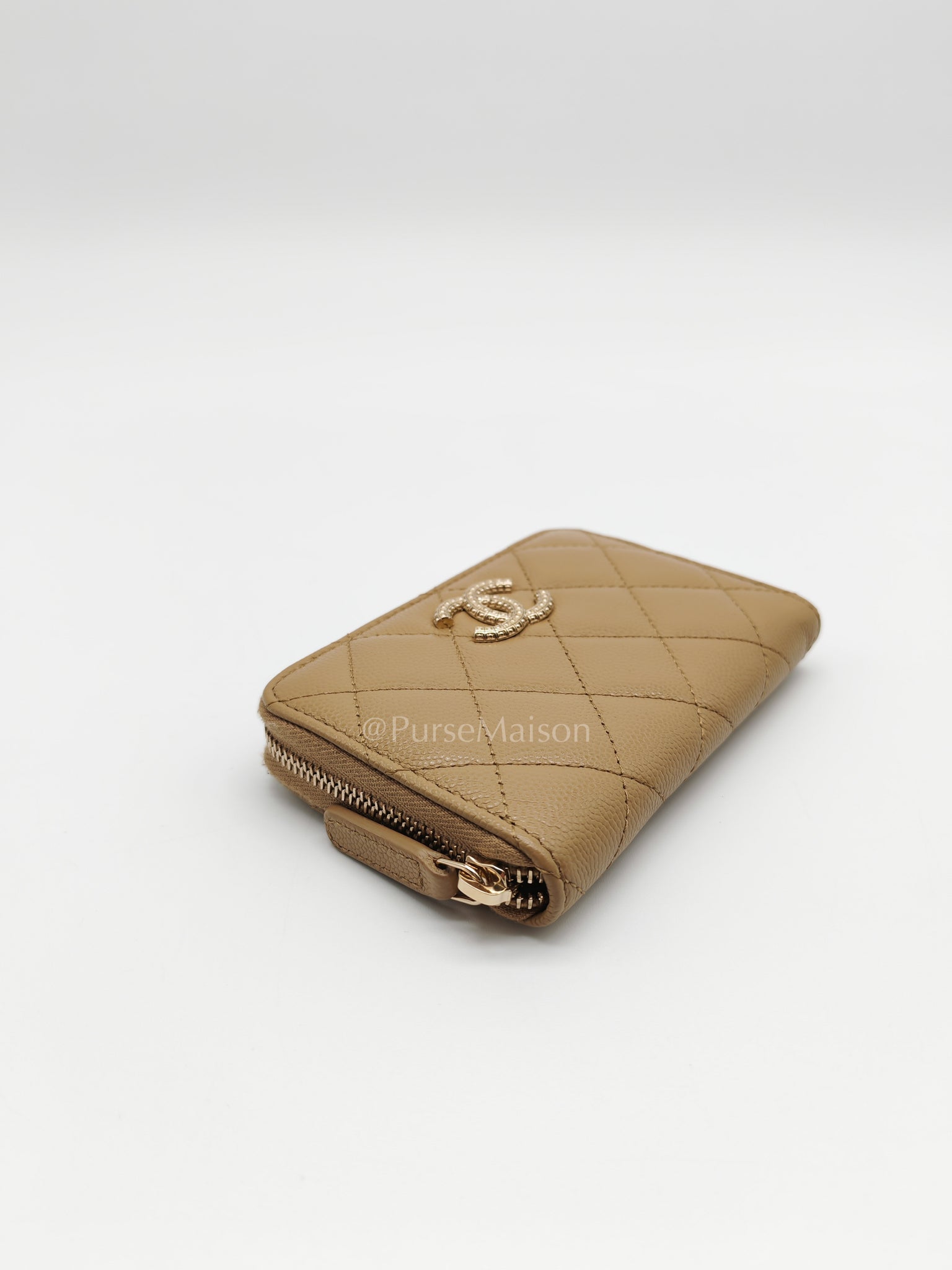 Zip Around Wallet in Dark Beige Caviar Leather and Gold Hardware (Microchip) | Purse Maison Luxury Bags Shop