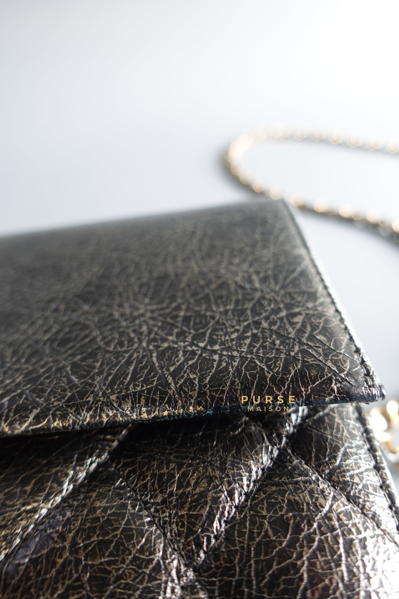 Zip Away Clutch on Chain in Metallic Gray Cracked Calfskin Leather & Aged Gold Hardware Series 24 | Purse Maison Luxury Bags Shop