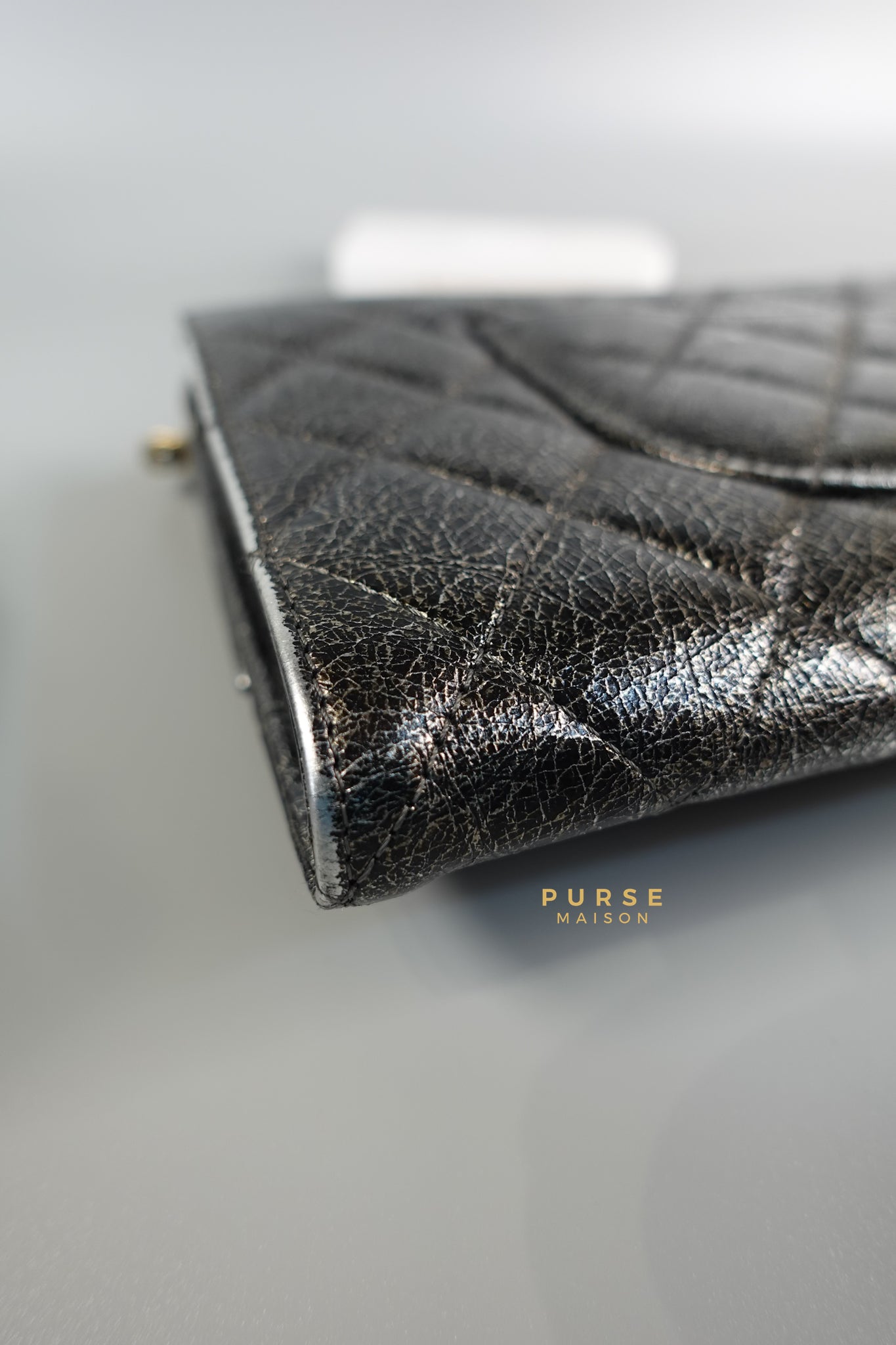 Zip Away Clutch on Chain in Metallic Gray Cracked Calfskin Leather & Aged Gold Hardware Series 24 | Purse Maison Luxury Bags Shop