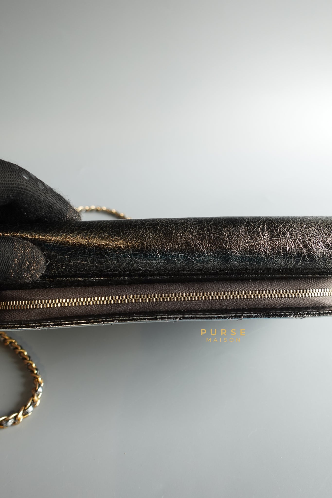 Zip Away Clutch on Chain in Metallic Gray Cracked Calfskin Leather & Aged Gold Hardware Series 24 | Purse Maison Luxury Bags Shop