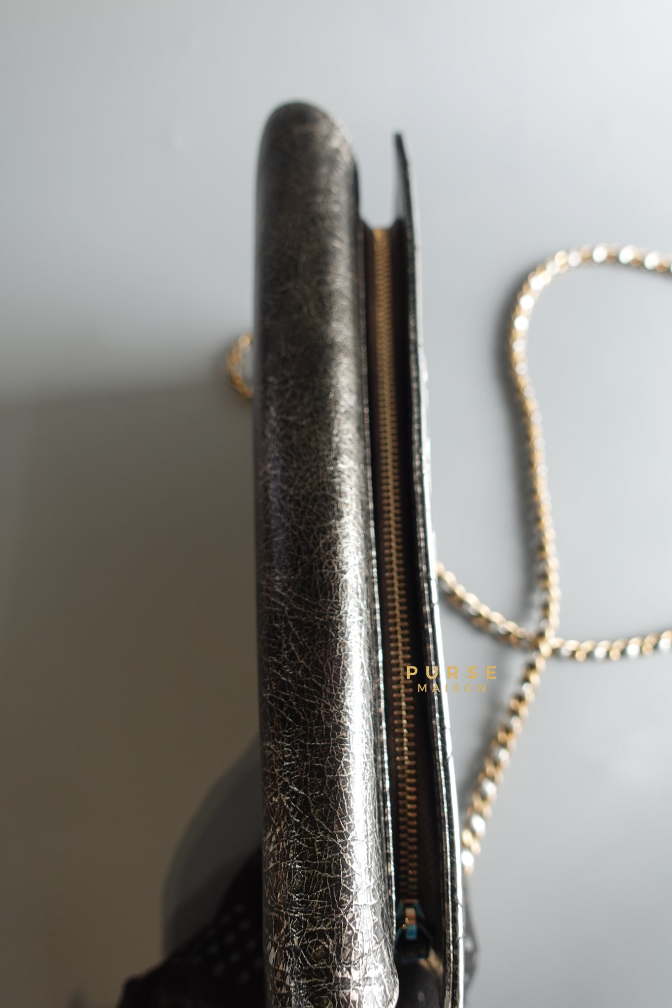 Zip Away Clutch on Chain in Metallic Gray Cracked Calfskin Leather & Aged Gold Hardware Series 24 | Purse Maison Luxury Bags Shop